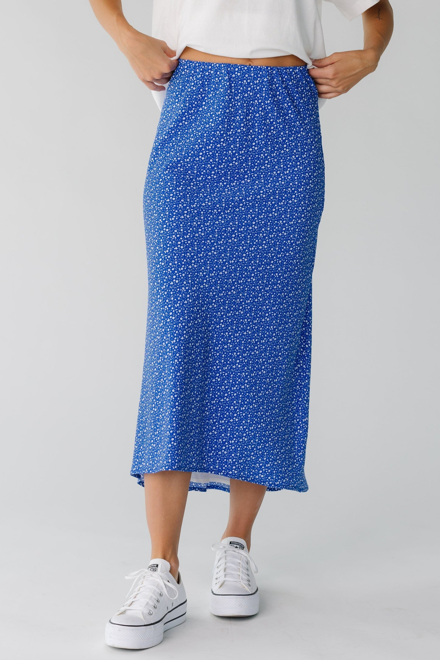 Modest blue and white floral midi skirt
