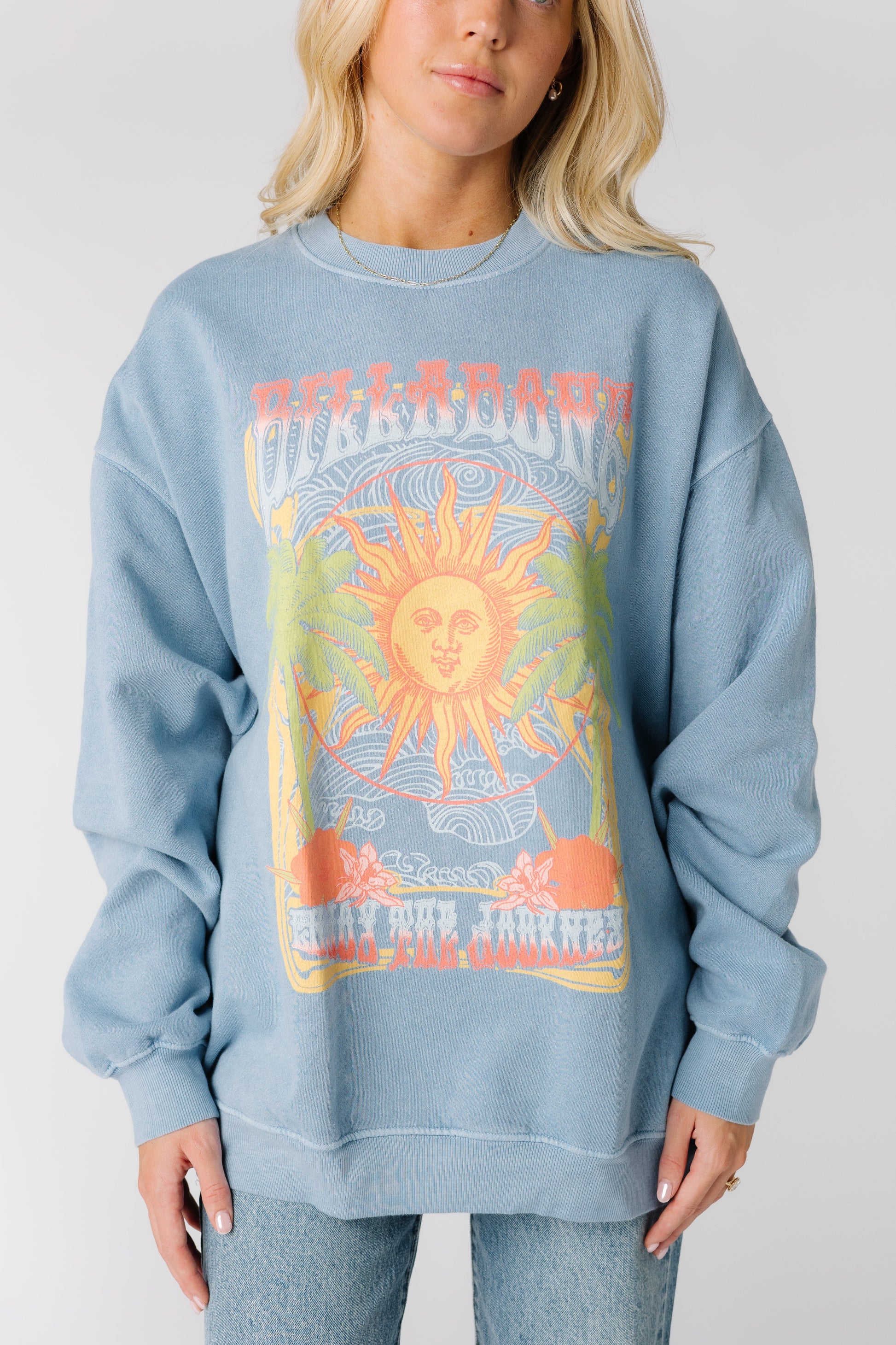 Close view of the front graphic of blue Billabong Ride in modest sweatshirt ABJFT00281