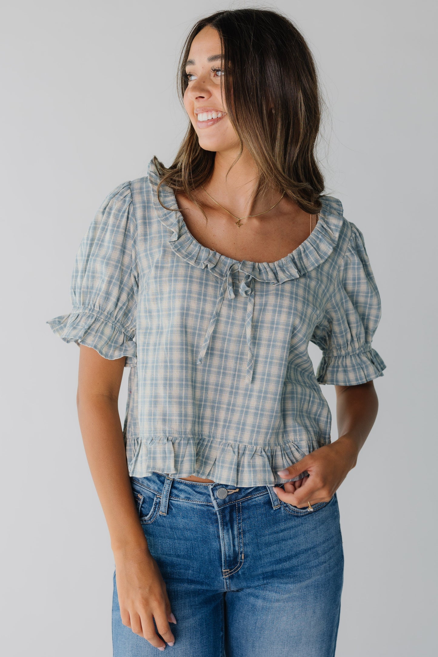 Stevie Gingham Puff Sleeve Blouse for women in blue plaid