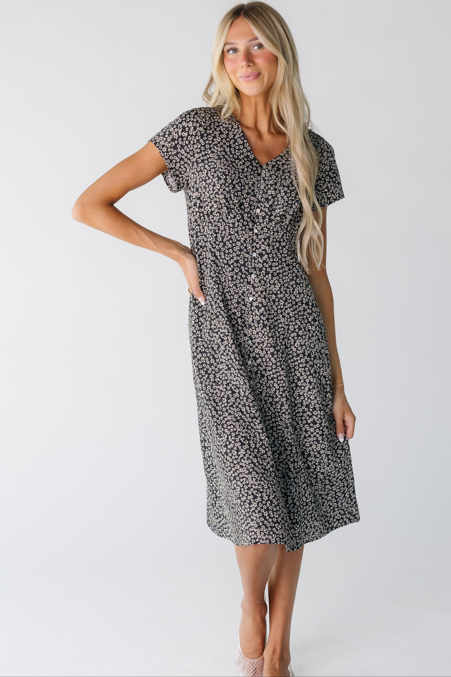 Brass & Roe Kendra Button Down Dress for women in black and white floral print