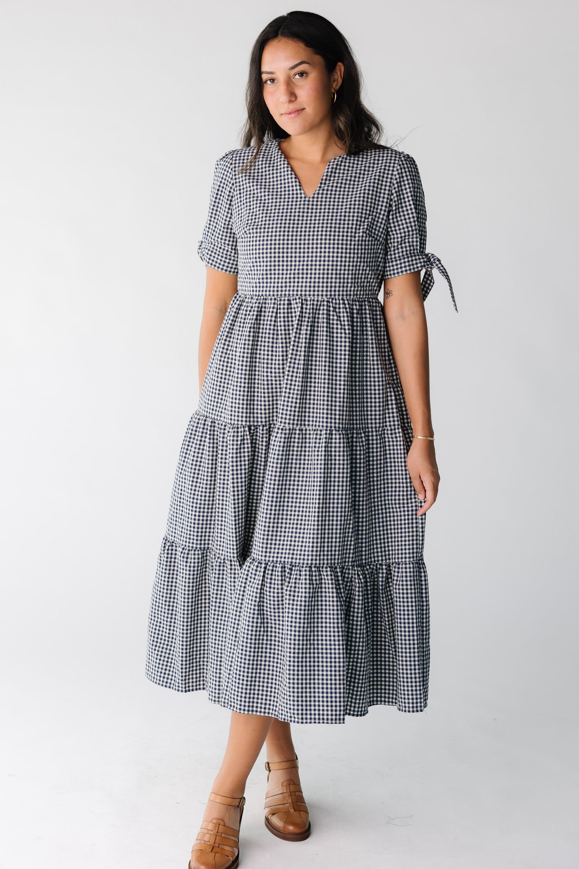 Brass & Roe The Claire Tie Sleeve Gingham Dress for women and  tens in navy