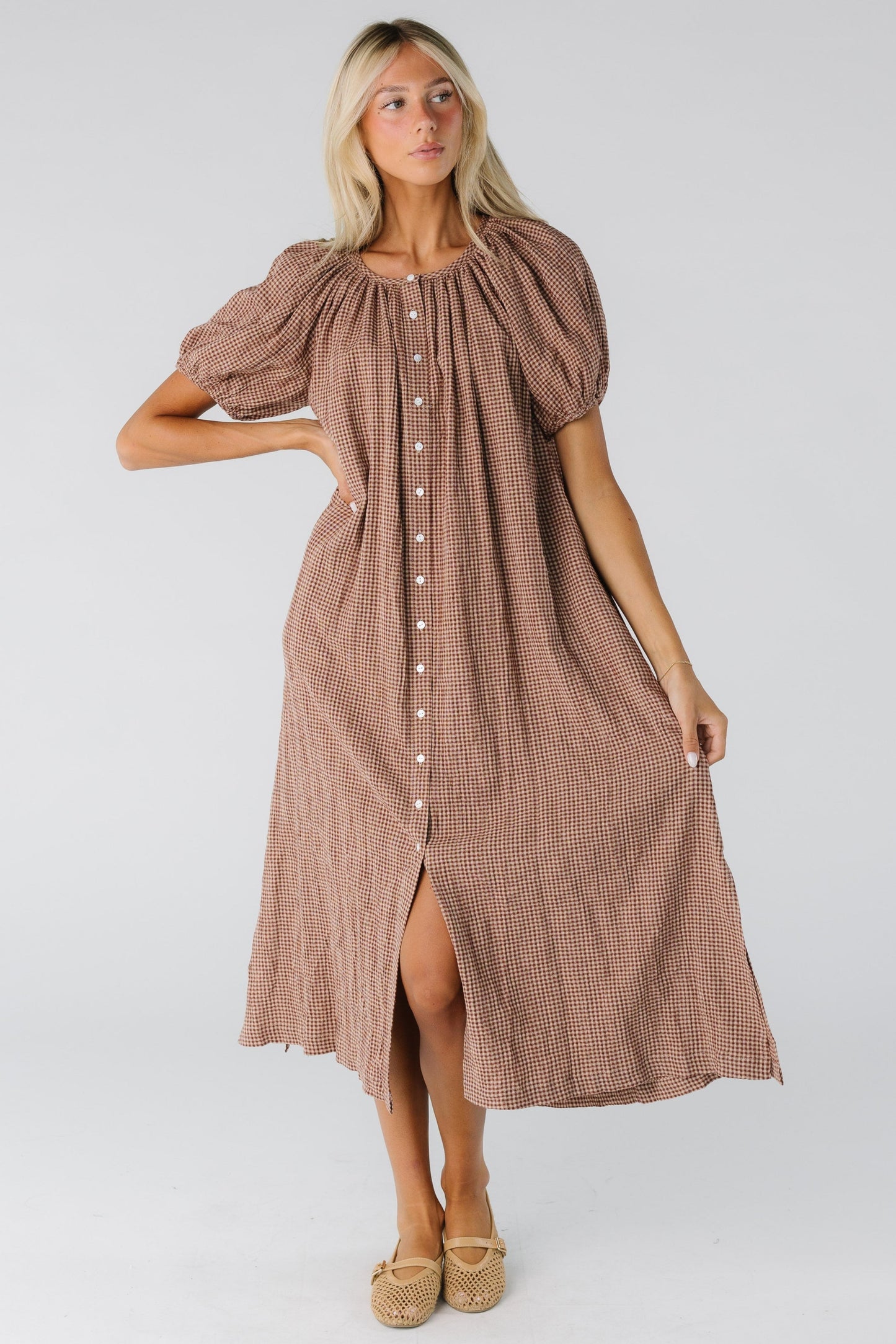 Brass & Roe Daybreak Button Down Dress WOMEN'S DRESS brass & roe Brown Gingham XS