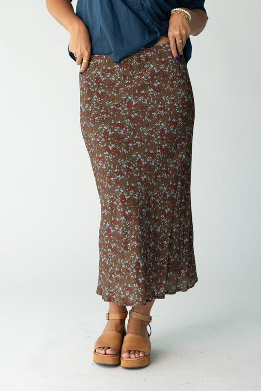 Brass & Roe The Ellie Midi Skirt for women and teens in brown floral print