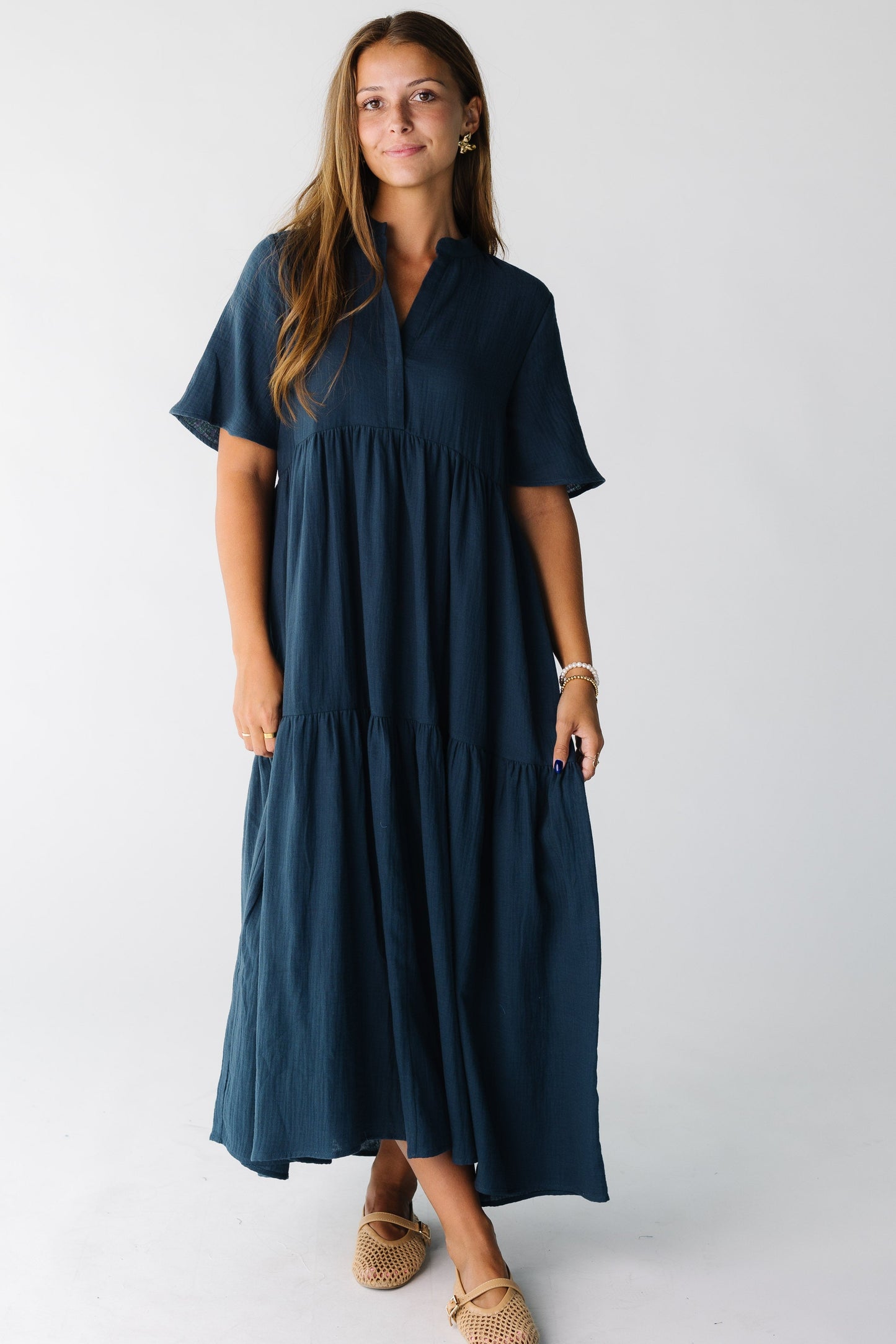 Modest women and teens teal tiered midi dress