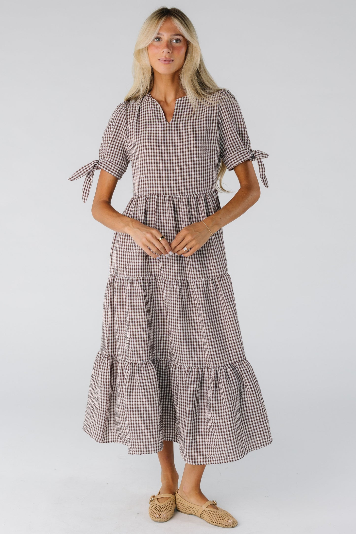 Brass & Roe The Claire Tie Sleeve Gingham Dress for women and teens in brown gingham