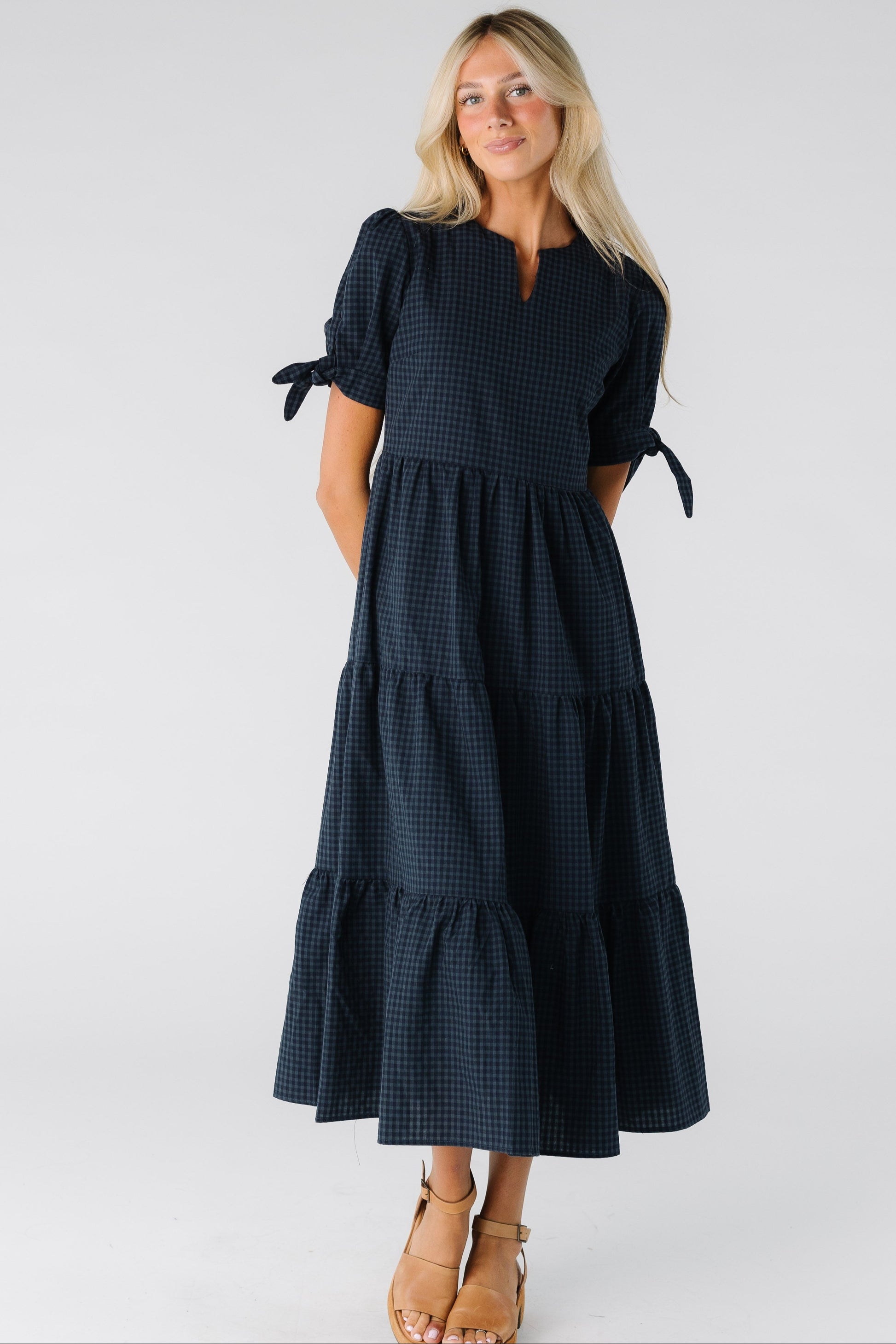 Modest women and teens dark gingham tiered midi dress with notched neckline