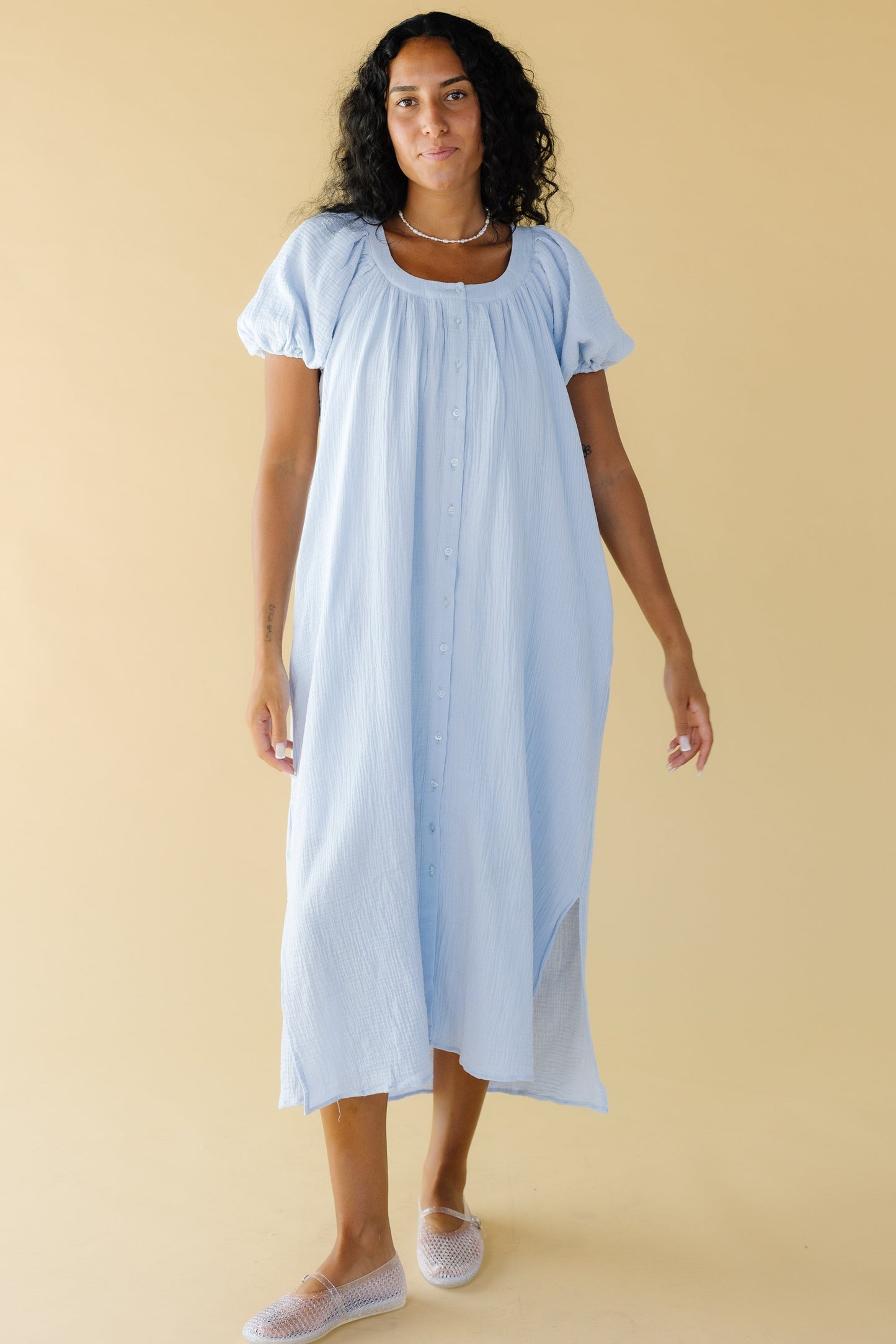 Brass & Roe Daybreak Button Down Dress in light blue for women and teen girls.