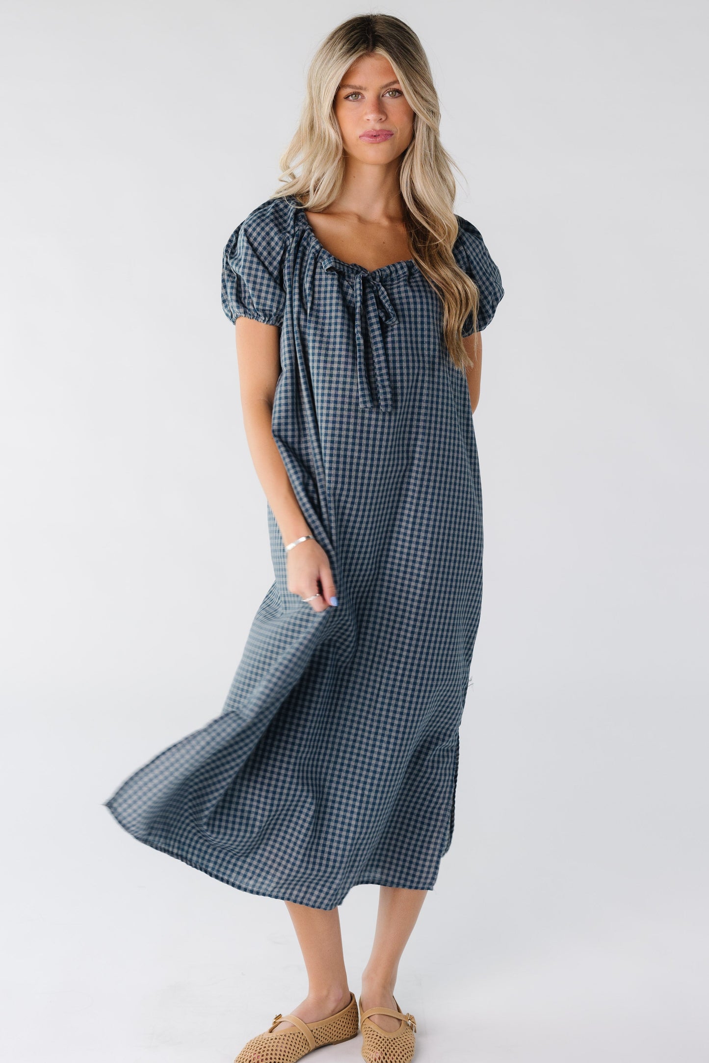 Modest blue gingham midi dress with scoop neckline and short sleeves