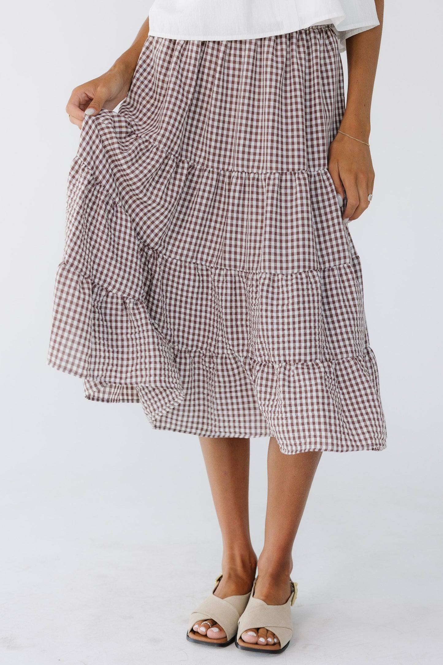Brass & Roe Gingham Tiered Skirt in brown & white gingham for women and teenage girls.