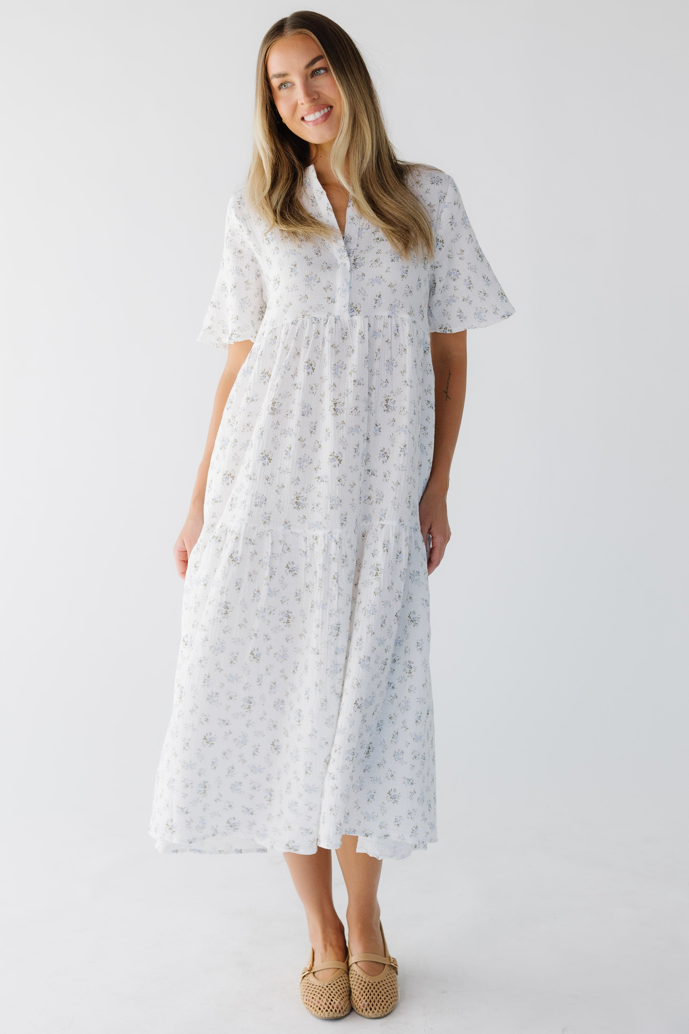 Modest Brass & Roe Pondering Gauze Print Dress Cream / S