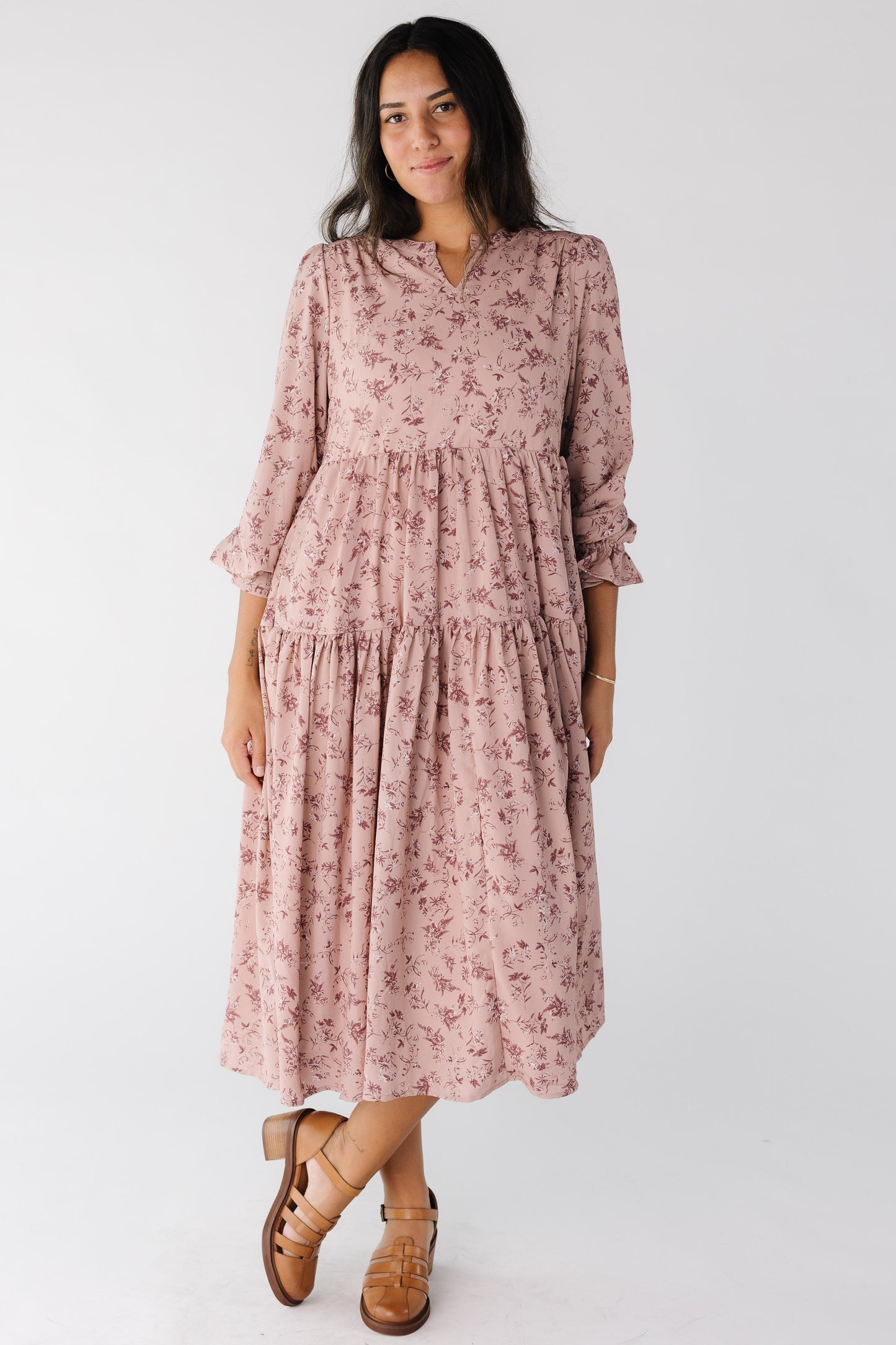 Modest women and teens pink floral midi dress with longer sleeves