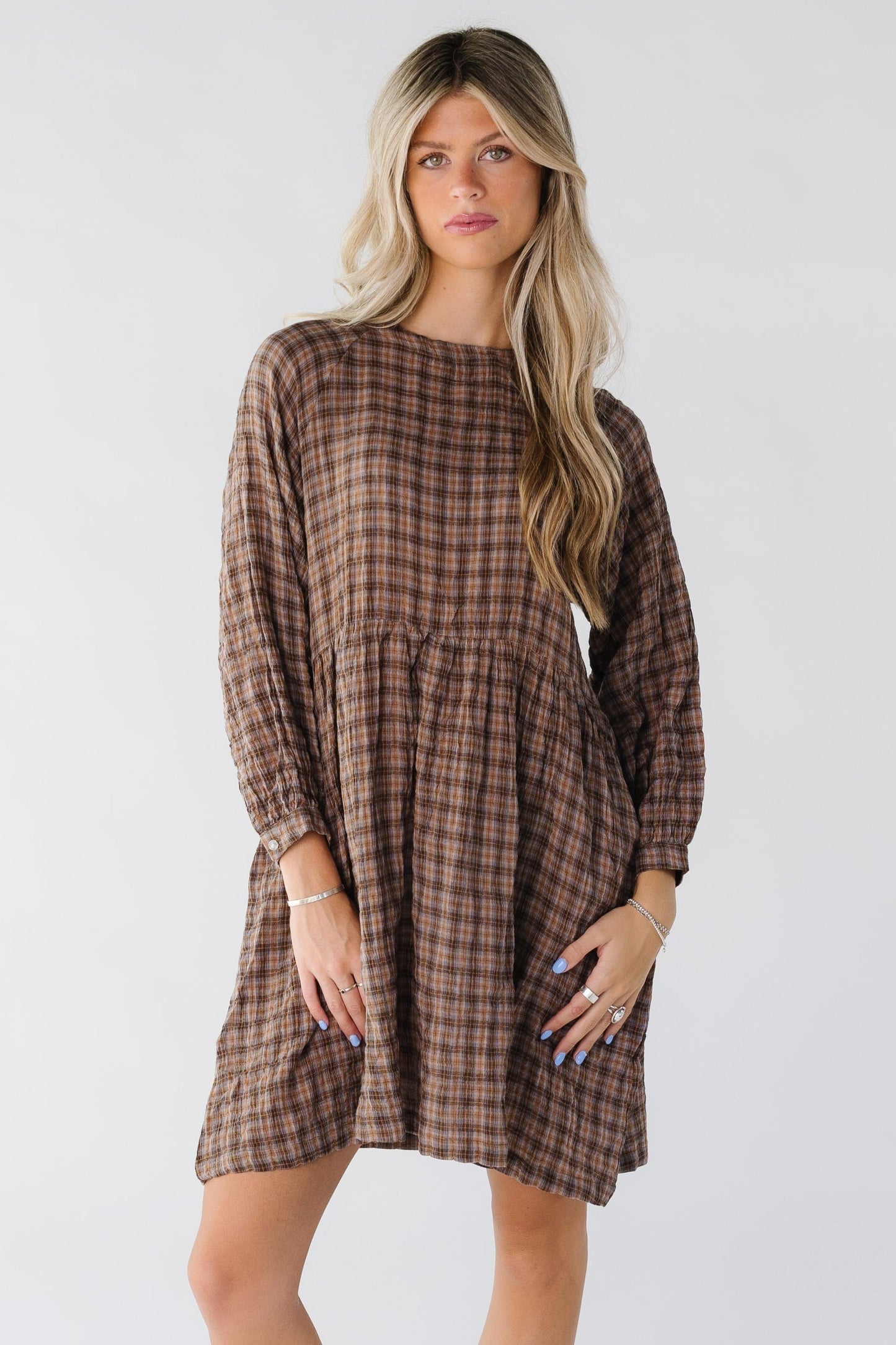 Brass & Roe Sherry Knee Dress for women in brown plaid
