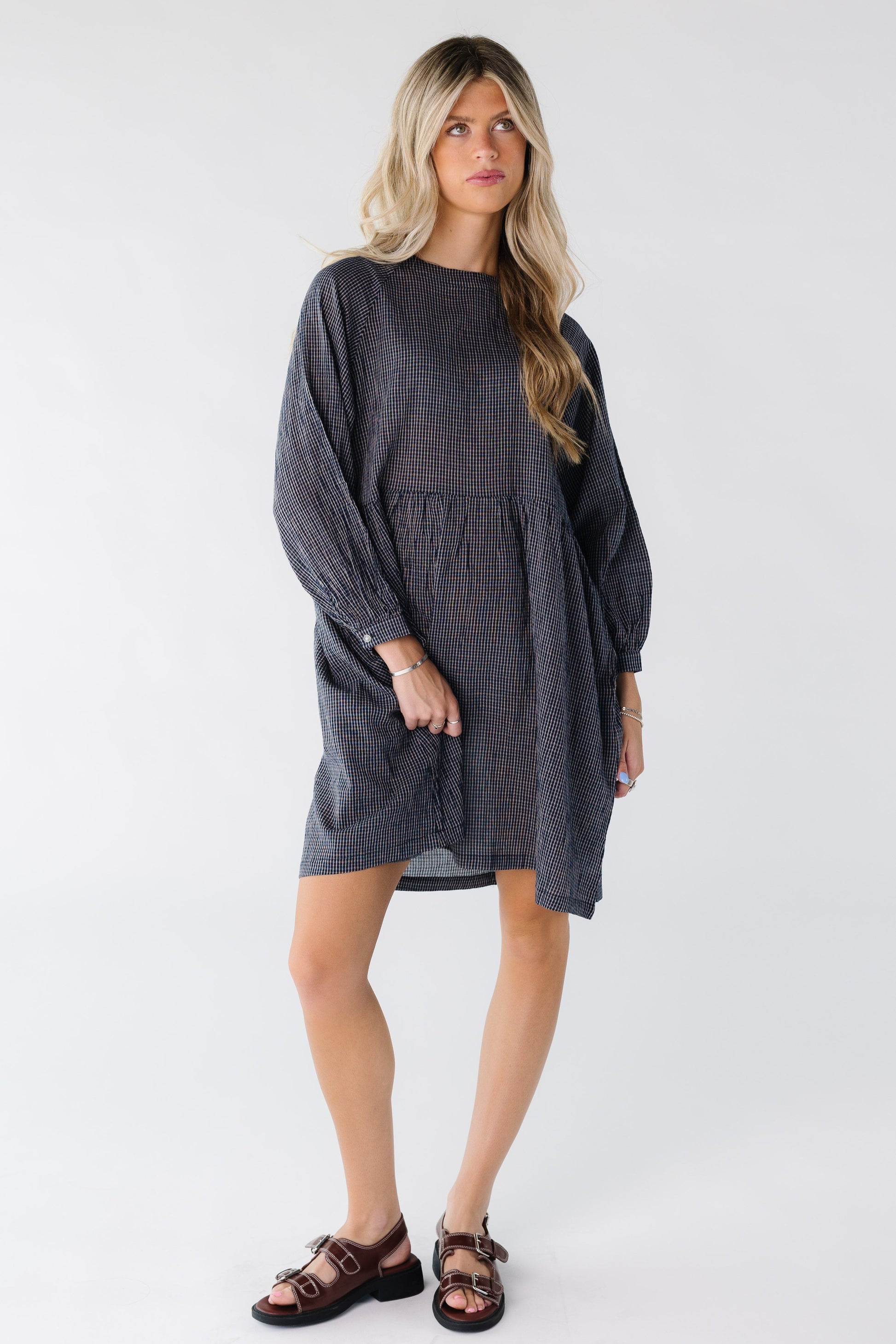 Modest women's dress with long sleeve in navy plaid