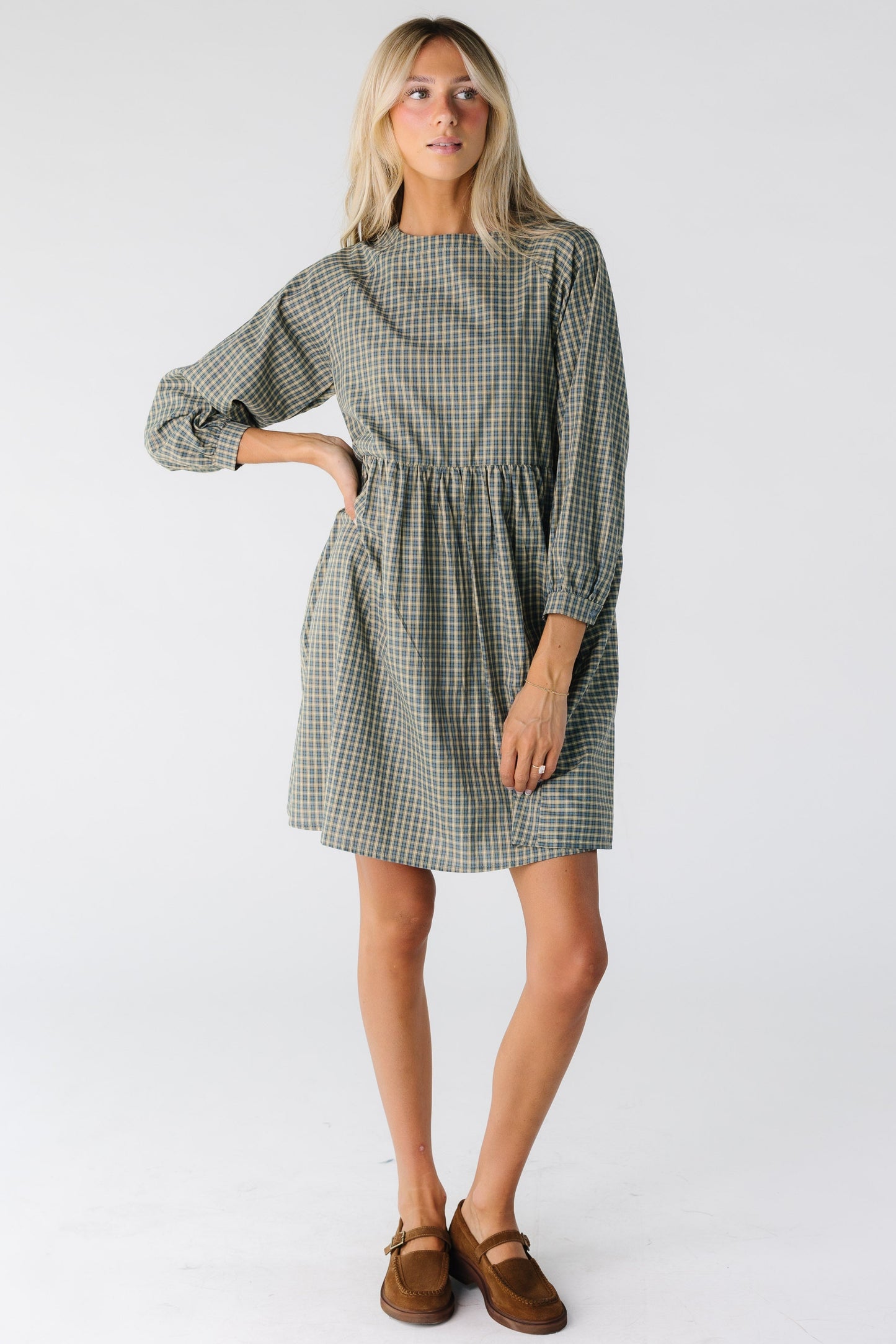 Brass & Roe Sherry Knee Dress for women in green plaid