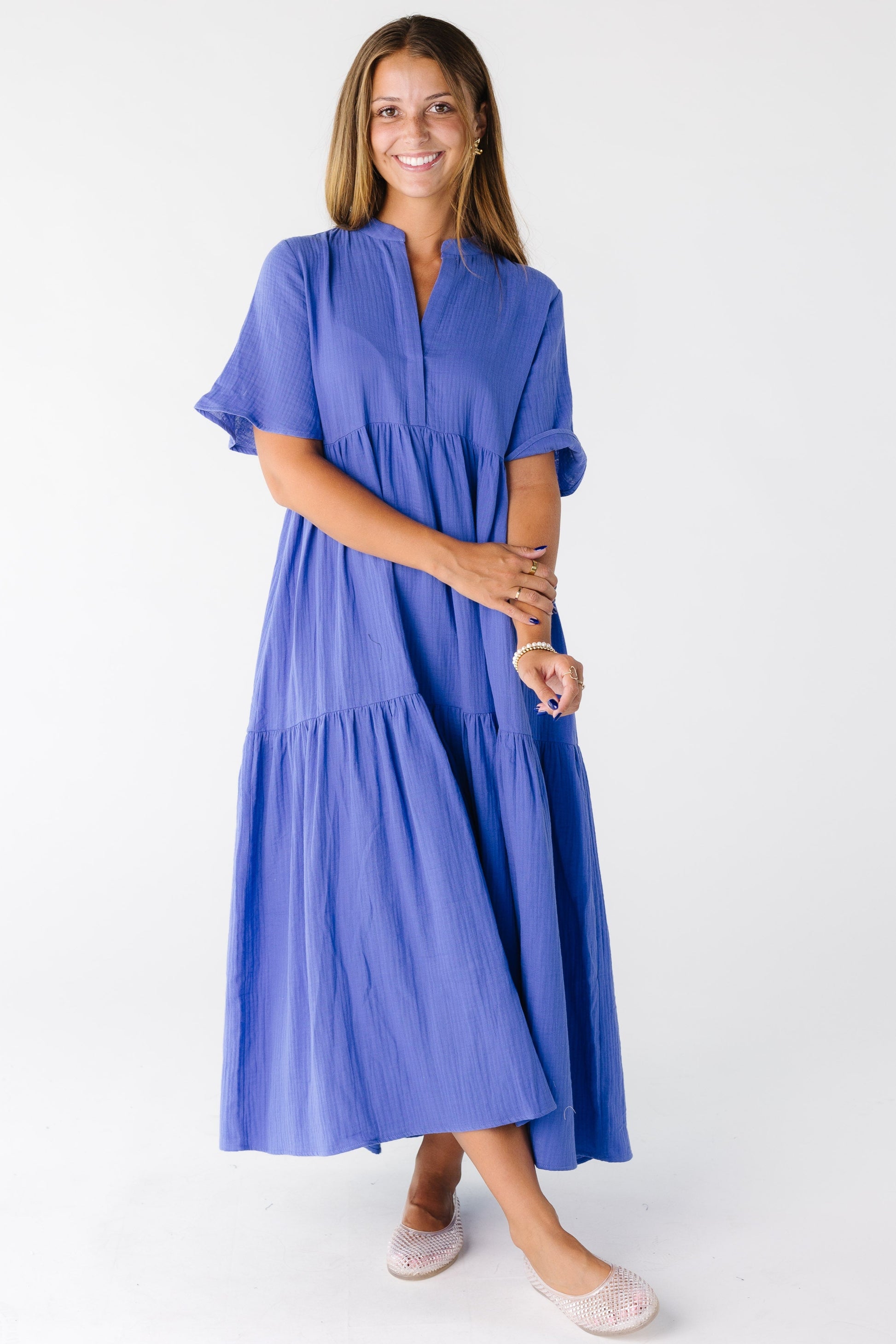 Modest women and teens periwinkle midi dress with V-neckline