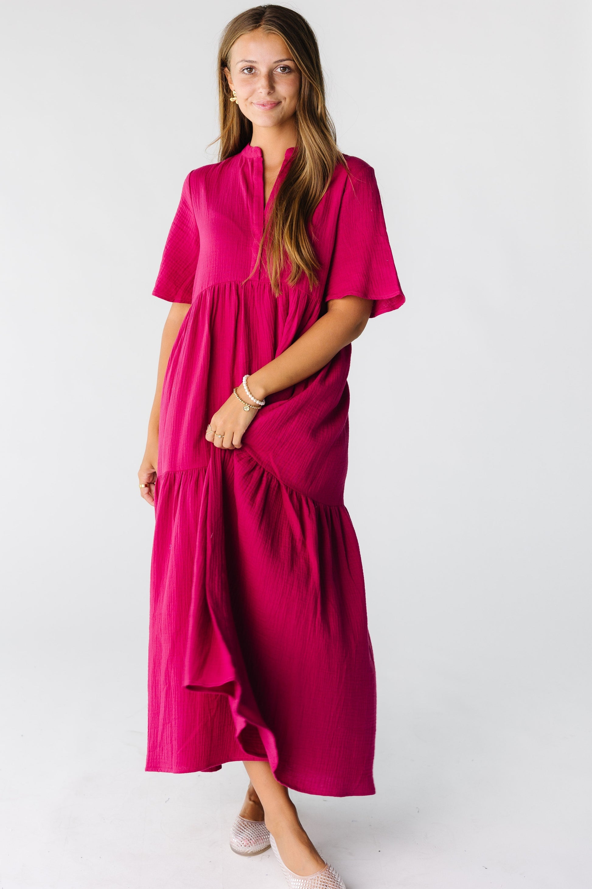 Brass & Roe The Pondering Gauze Dress for women and teens in fuchsia