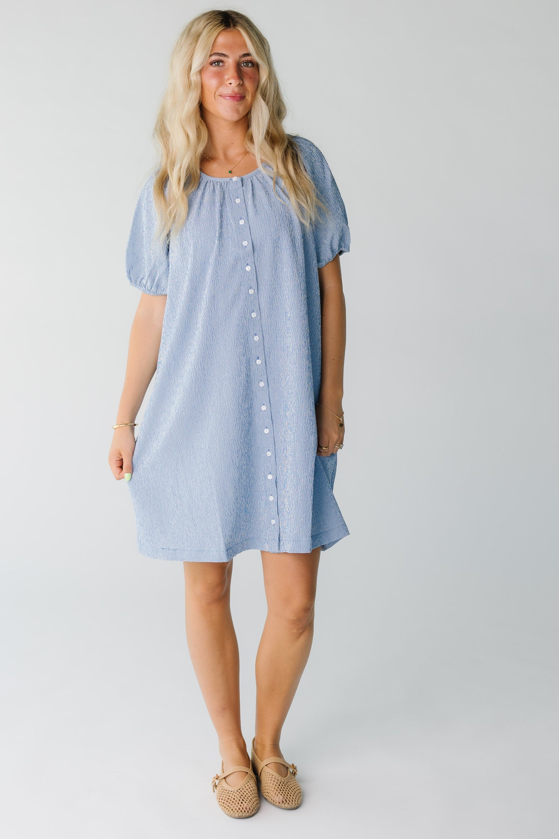 Brass & Roe Bree Textured Knee Dress  for women in blue