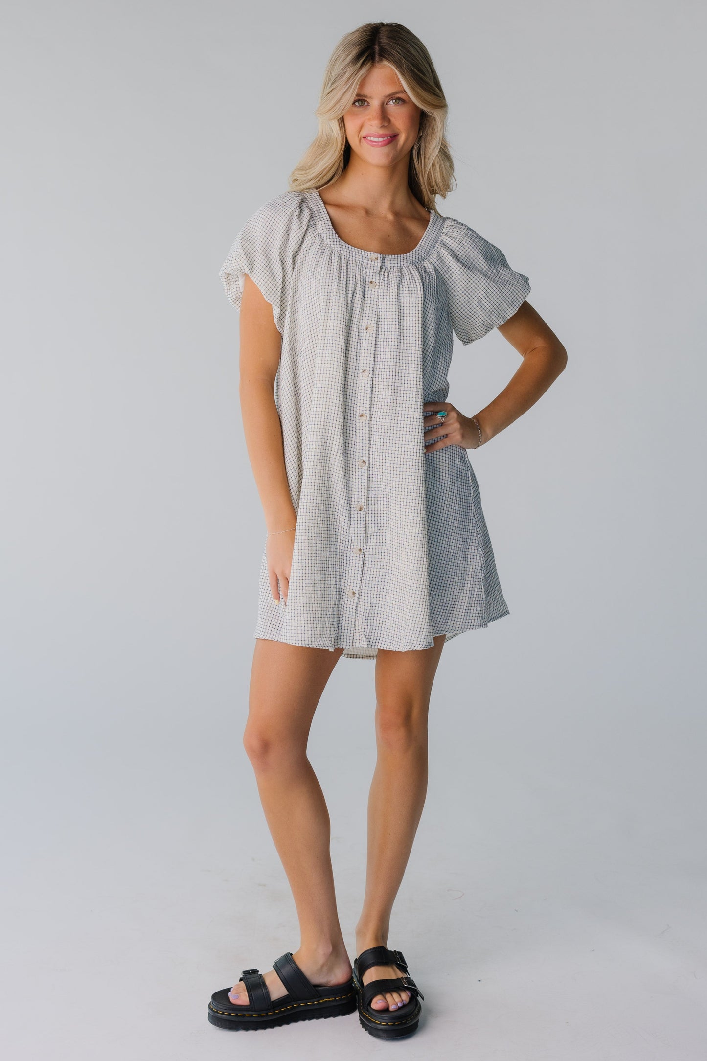 Brass & Roe Ellie Gauze Print Dress WOMEN'S DRESS brass & roe White/Blue Check XS