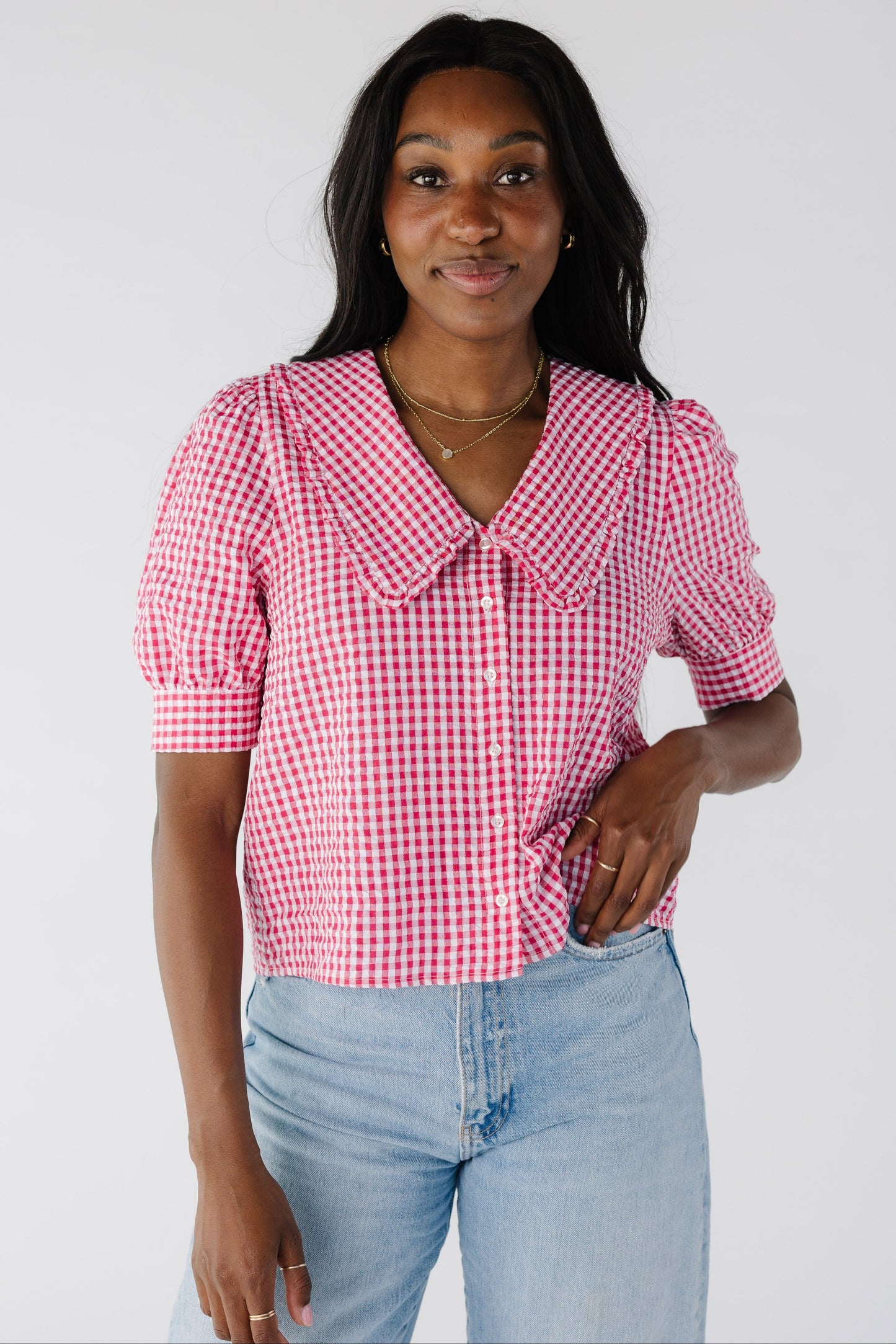 Modest red gingham button down top with short puff sleeves