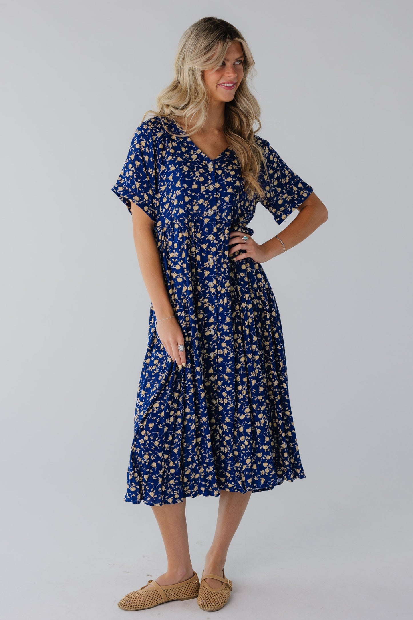 Brass & Roe Keri Button Down Dress blue print