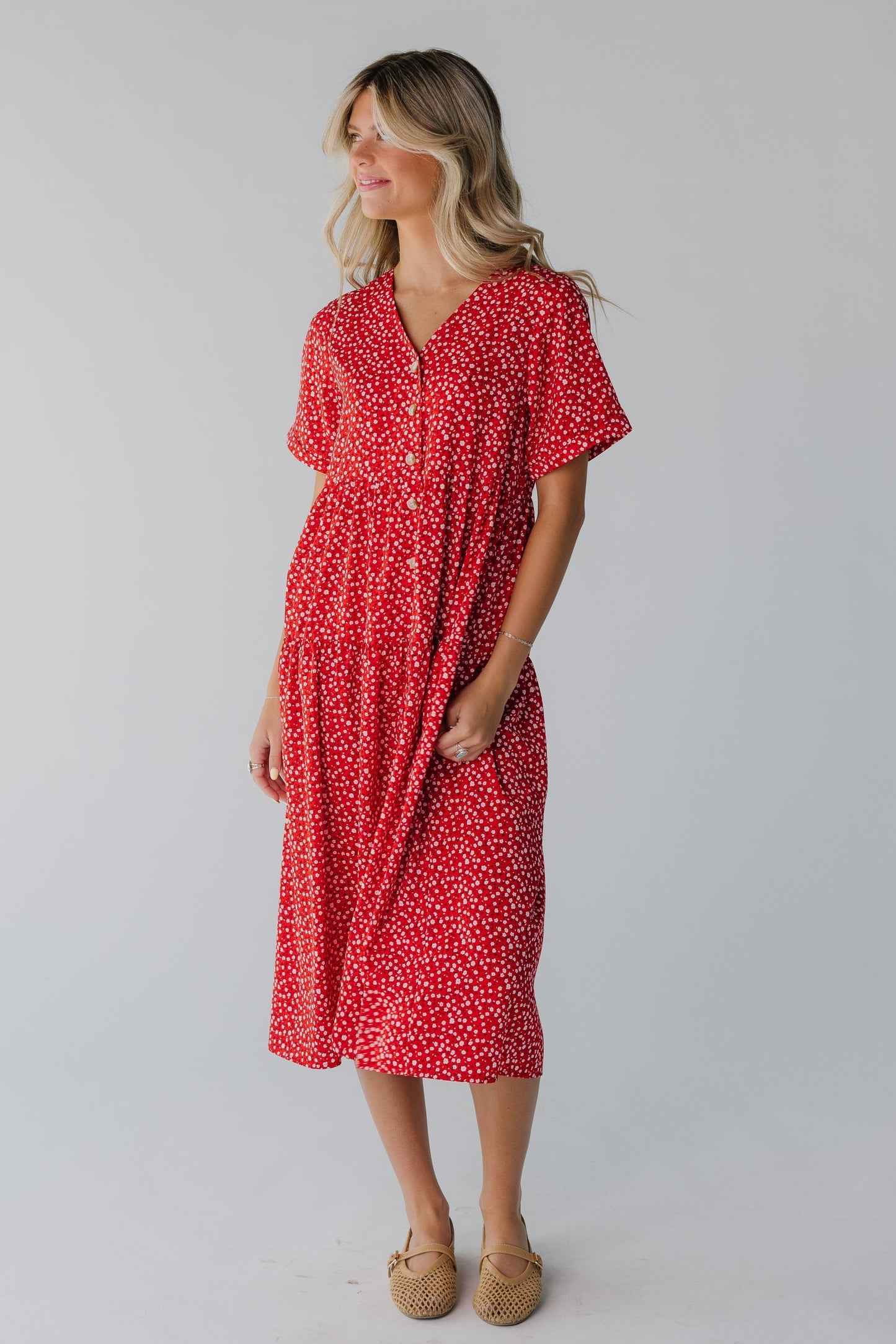 Red floral print button down midi with short sleeves