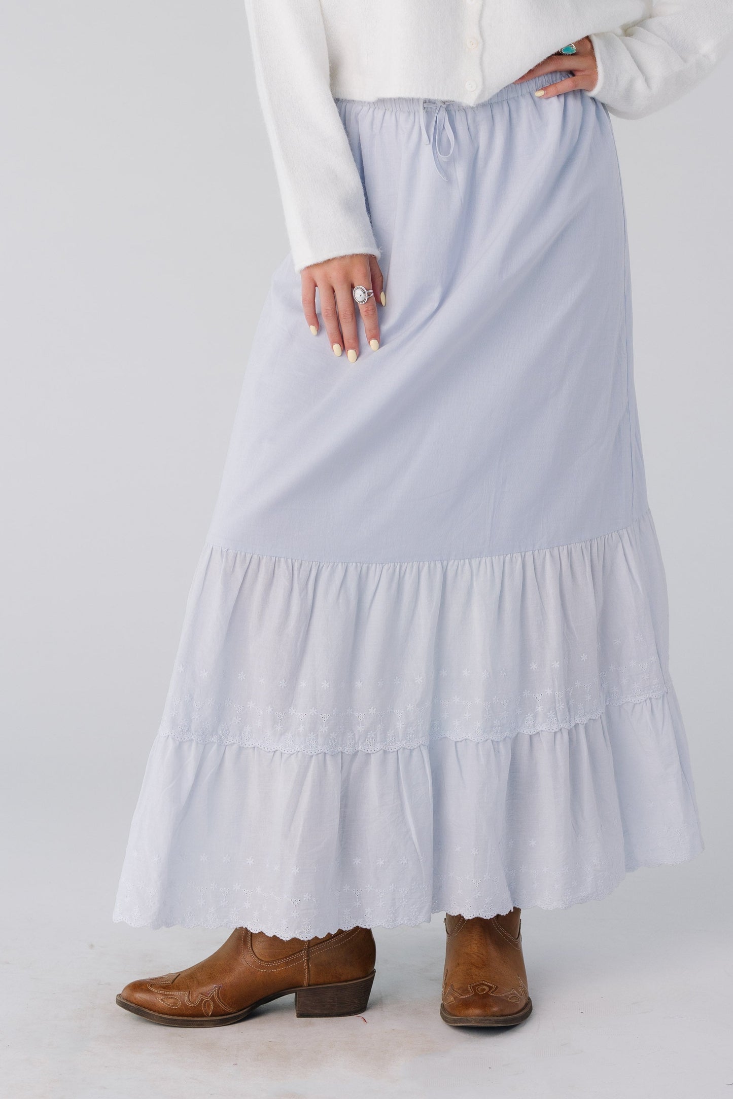 Modest light blue midi maxi skirt with eyelet ruffles