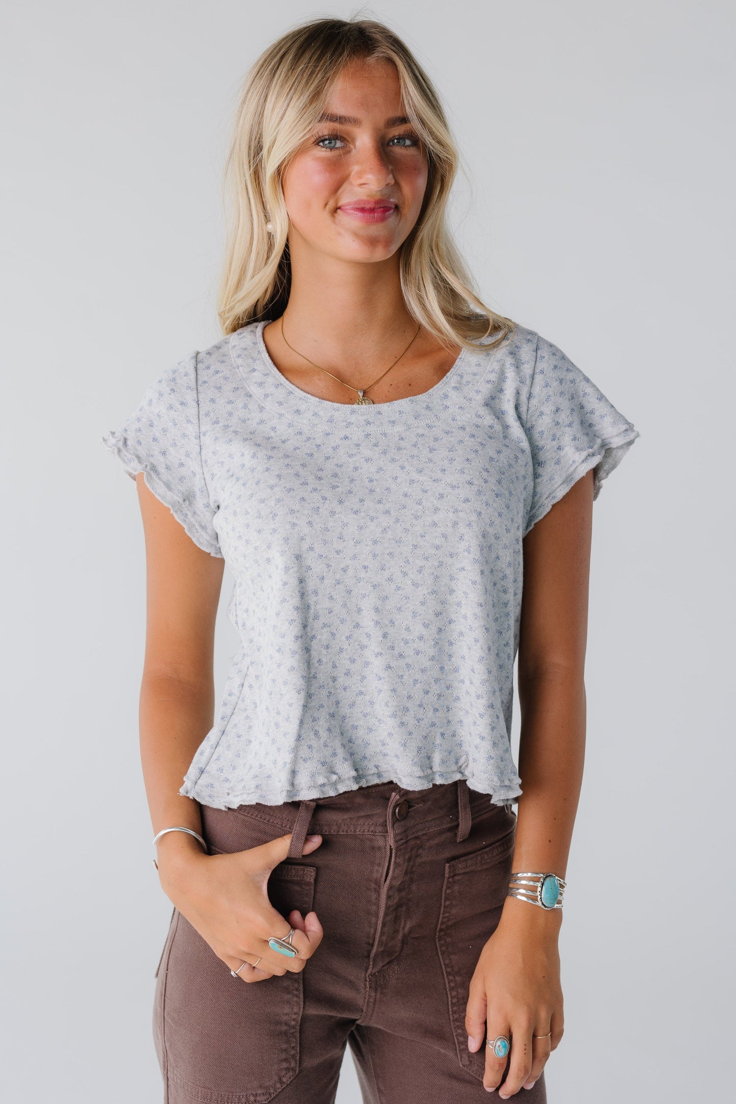 Brass & Roe Must Have Double Hem Tee- New WOMEN'S TOP brass & roe Grey/Blue XS