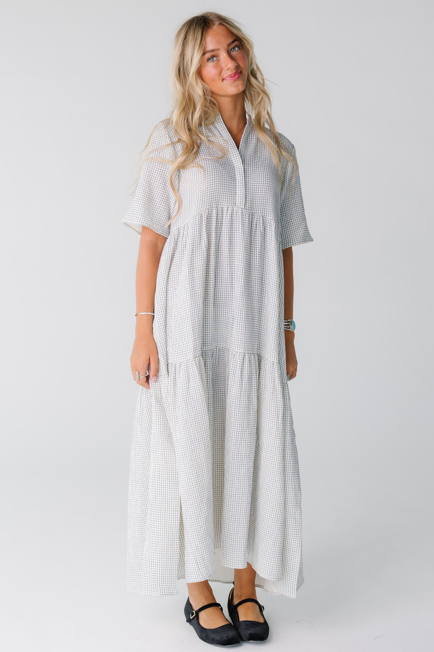 Brass & Roe Pondering Gauze Straight Sleeve-Petite Dress for women in white and black print