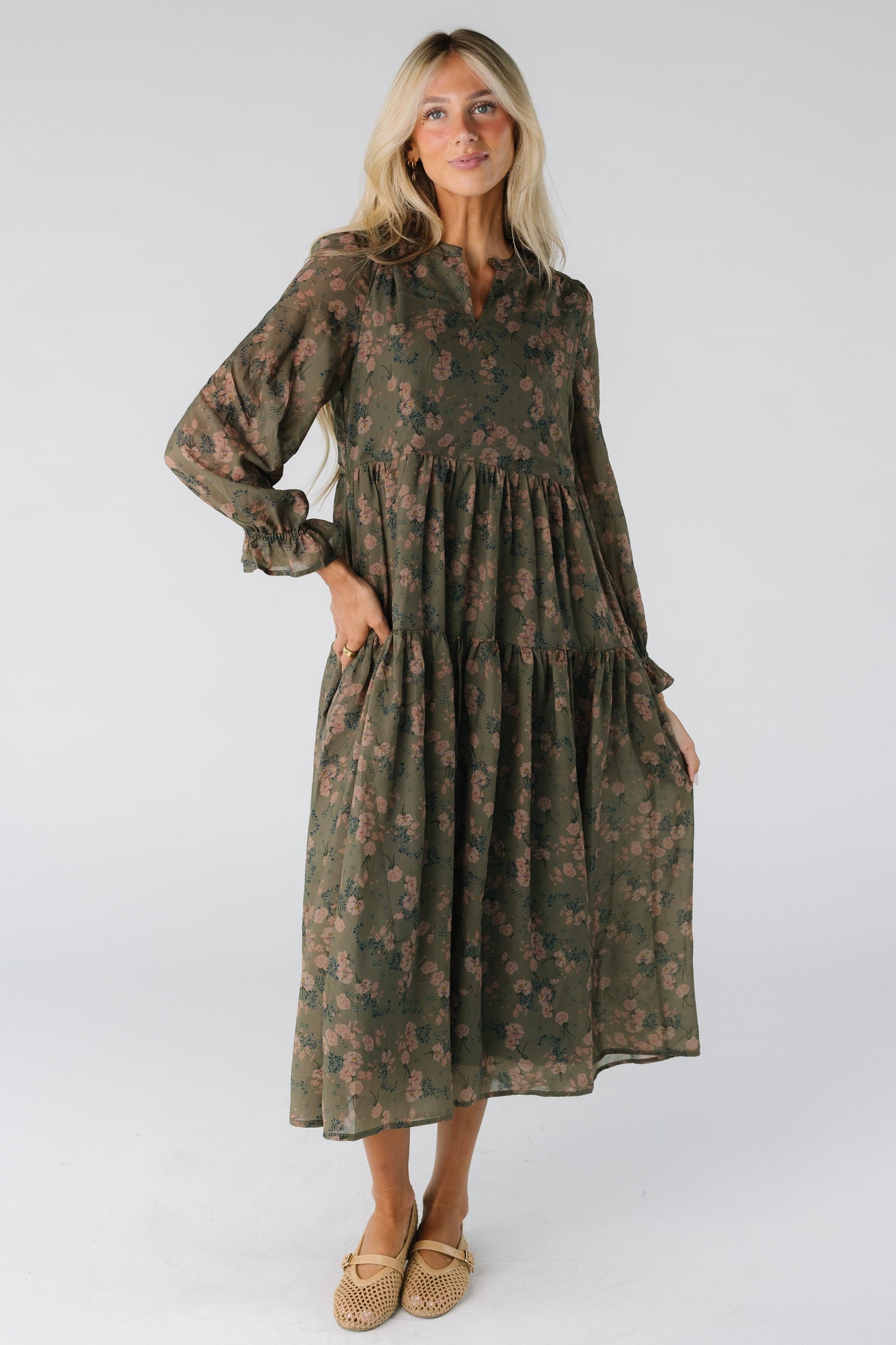Brass & Roe Roxi Dress for women and teens in olive floral print