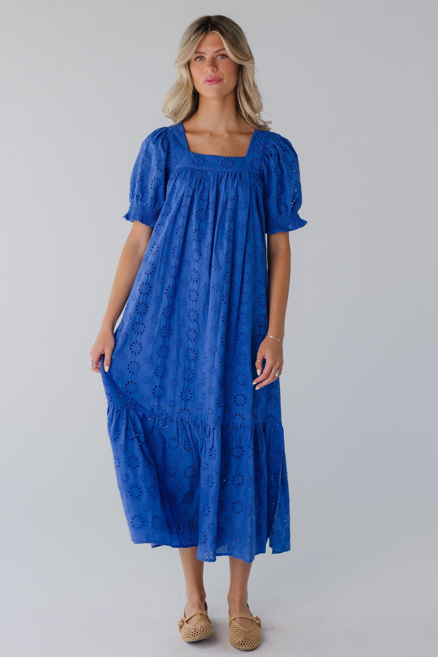 Blue floral eyelet midi with short sleeves