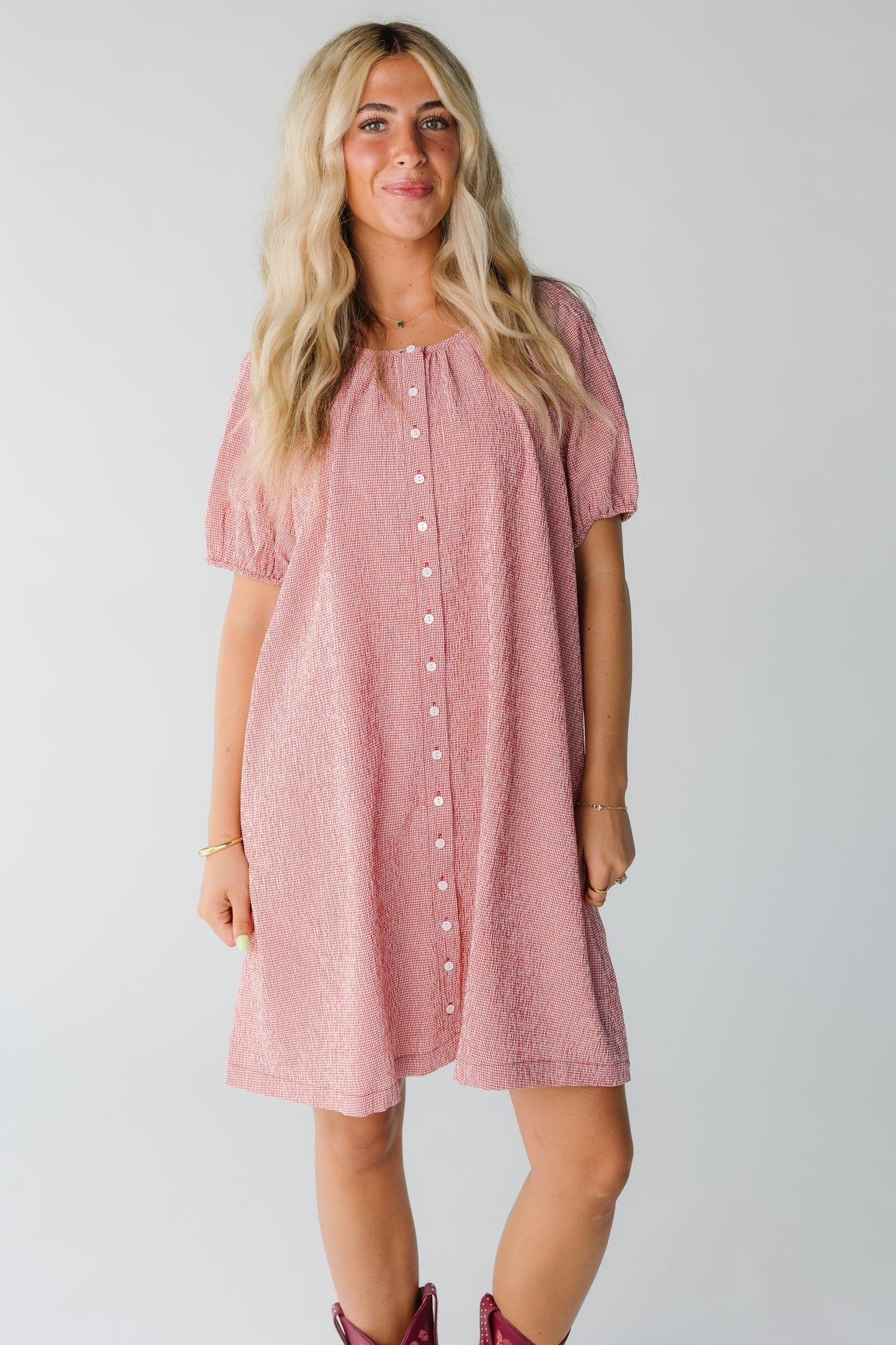 Brass & Roe Bree Textured Knee Dress for women in red gingham