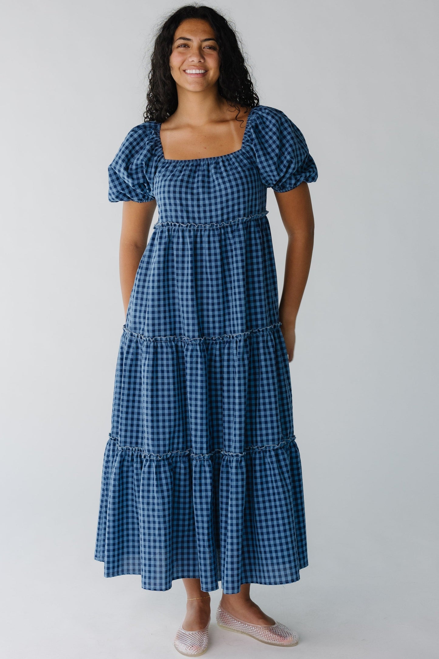 Brass & Roe Charity Tiered Midi Dress for women in navy gingham