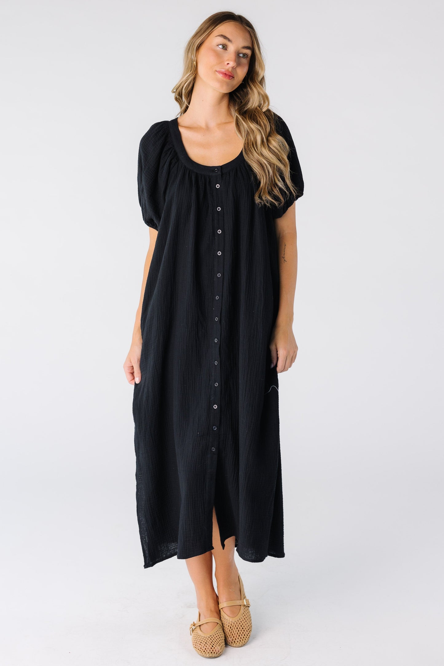Brass & Roe Chelsea Gauze Midi Dress for women in black