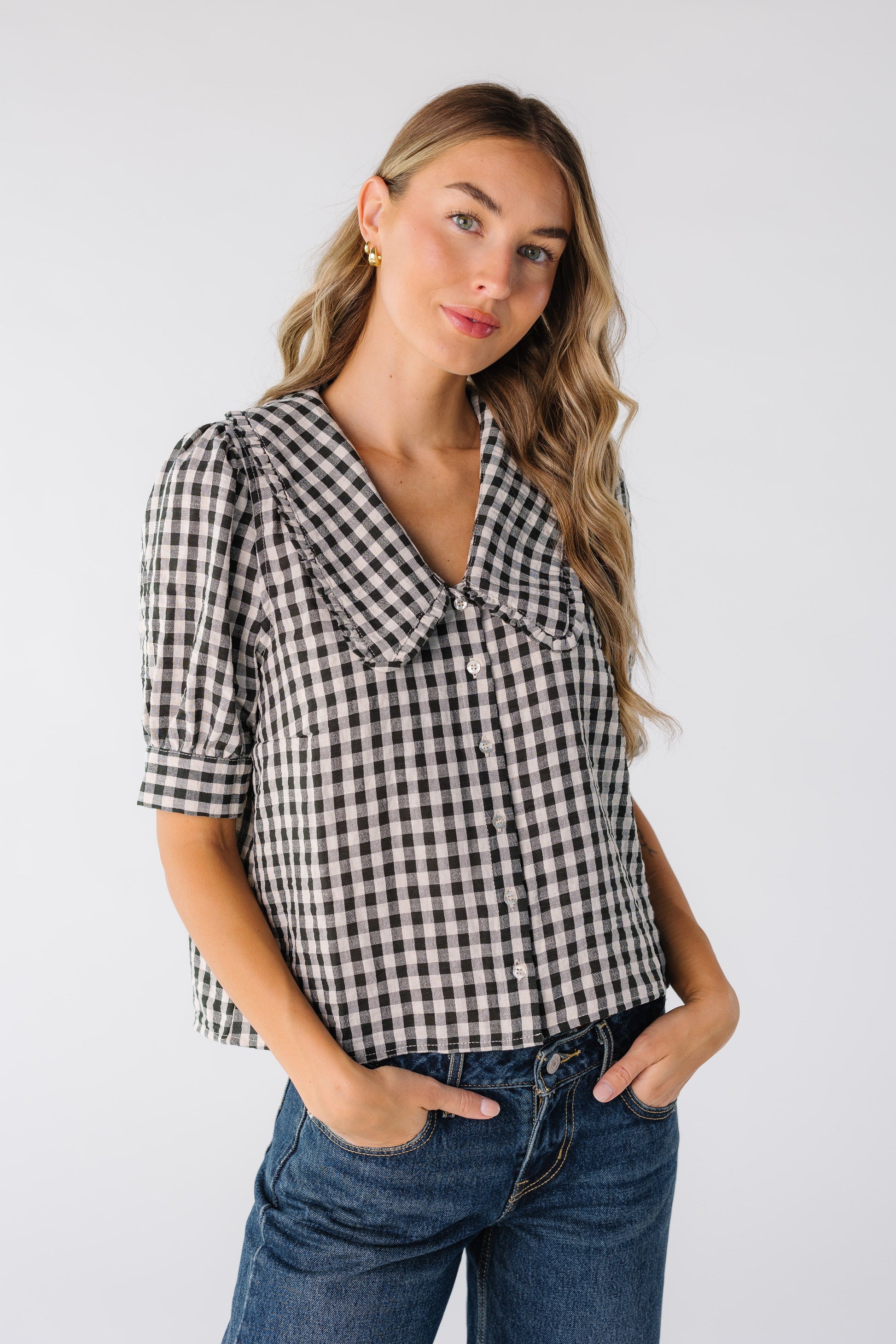 Brass & Roe Gingham Collared Top Black/White WOMEN'S TOP brass & roe Black/White XS