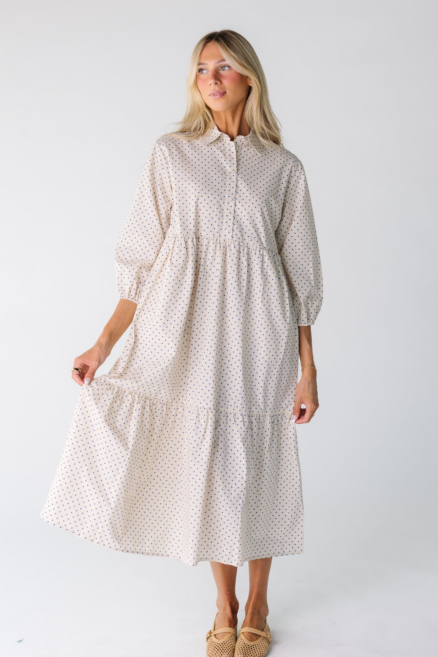 Brass & Roe Janice Button Down Dress WOMEN'S DRESS brass & roe Ivory/Blue XS