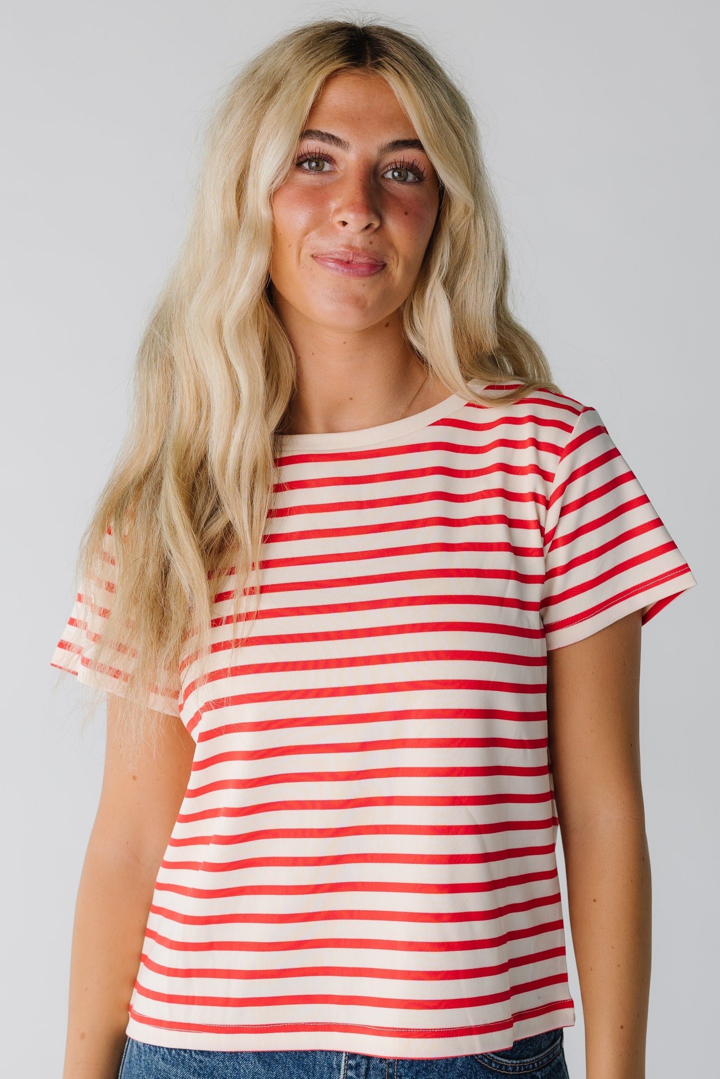 Brass & Roe New Era Tee for women in red and white stripe