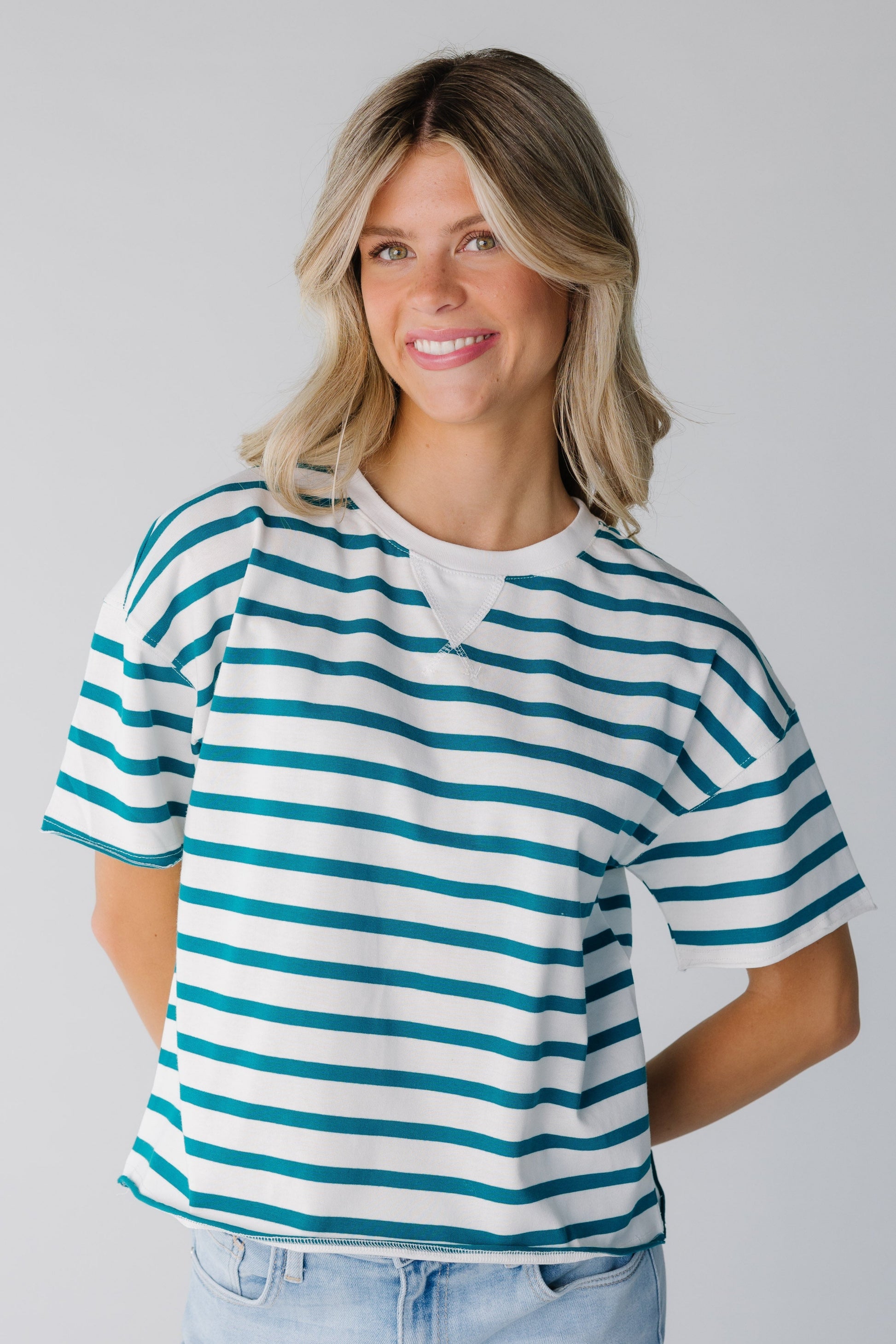 White and green stripe boxy tee