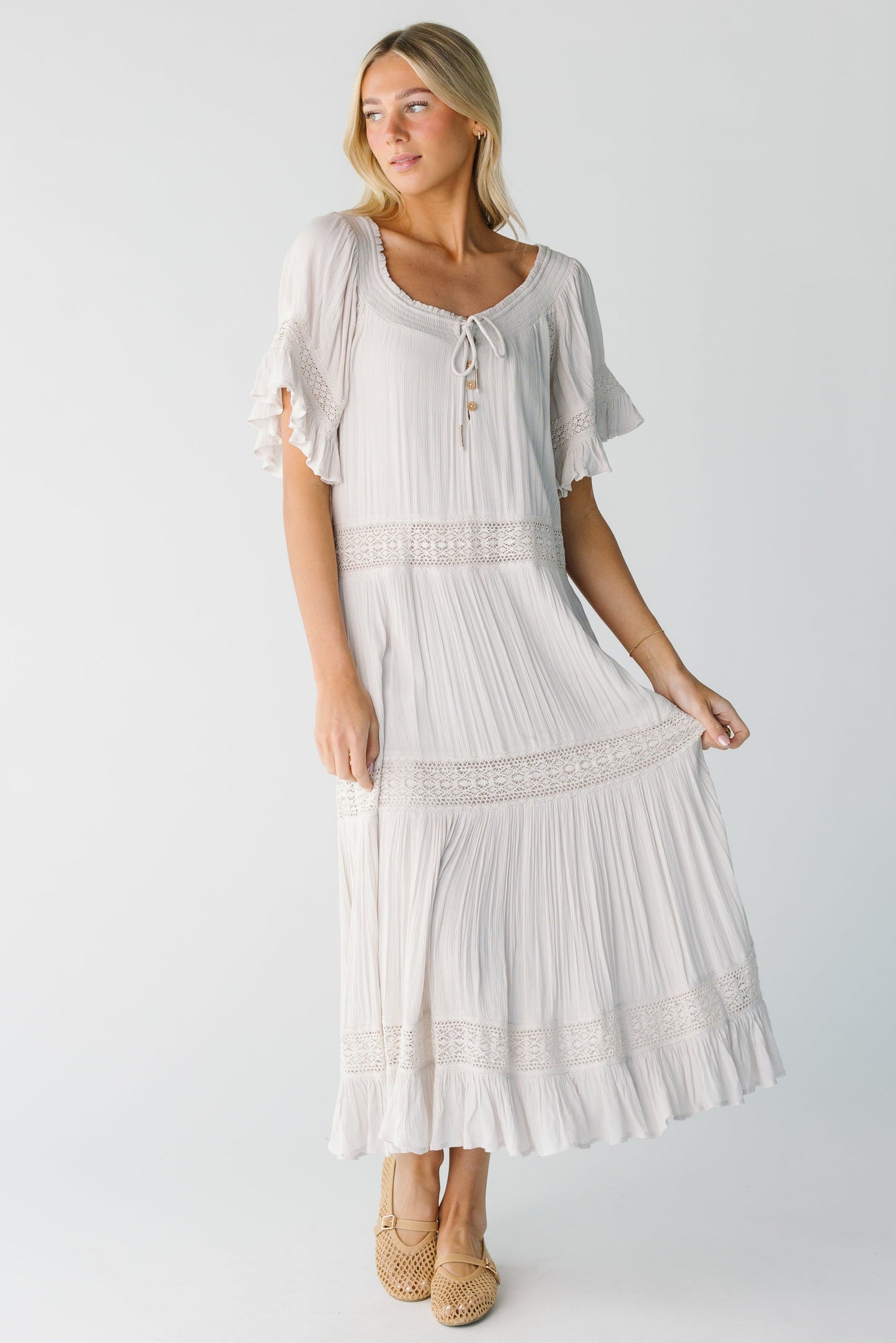 Gauzy tiered midi with short flutter sleeves and scoop neckline