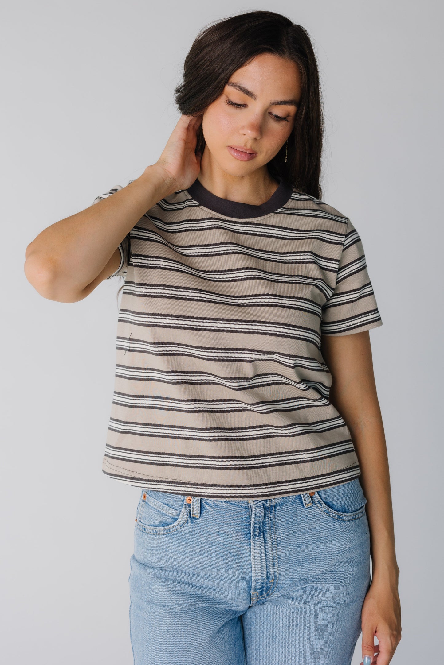 Modest women's crew neck tee with short sleeves in brown stripe