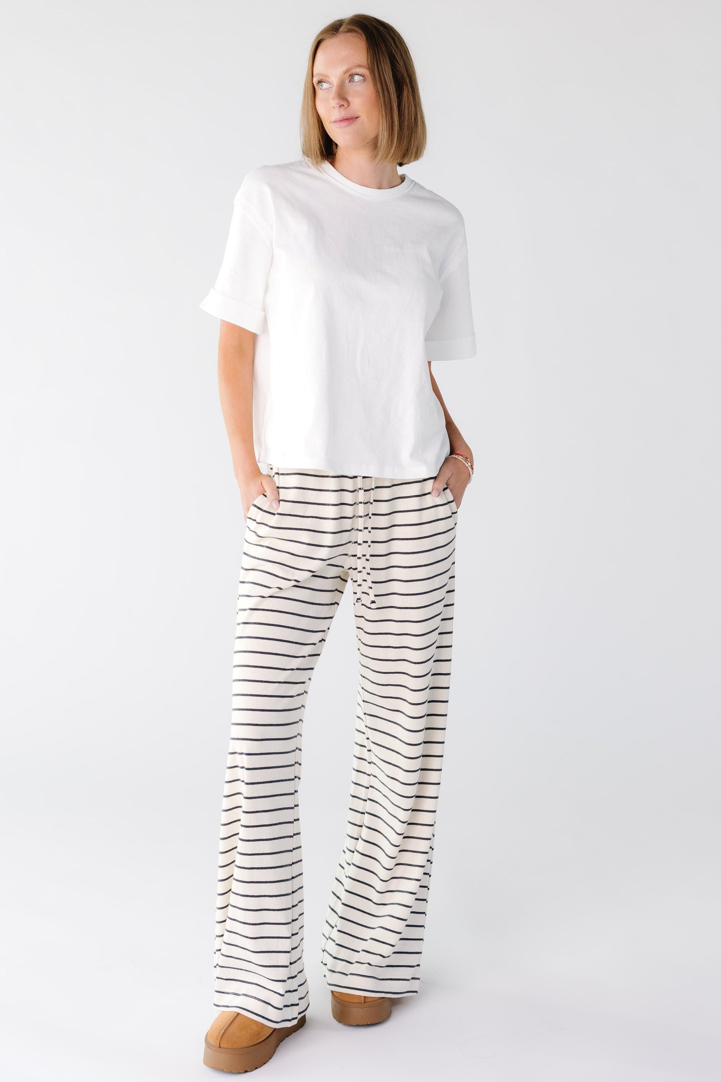 Modest wide, long length lounge pant in white and black stripe