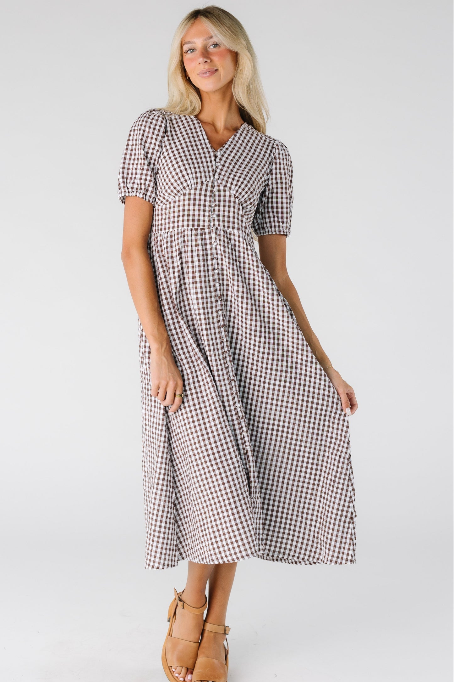 Citrus Bella Gingham Dress for women in brown and white gingham