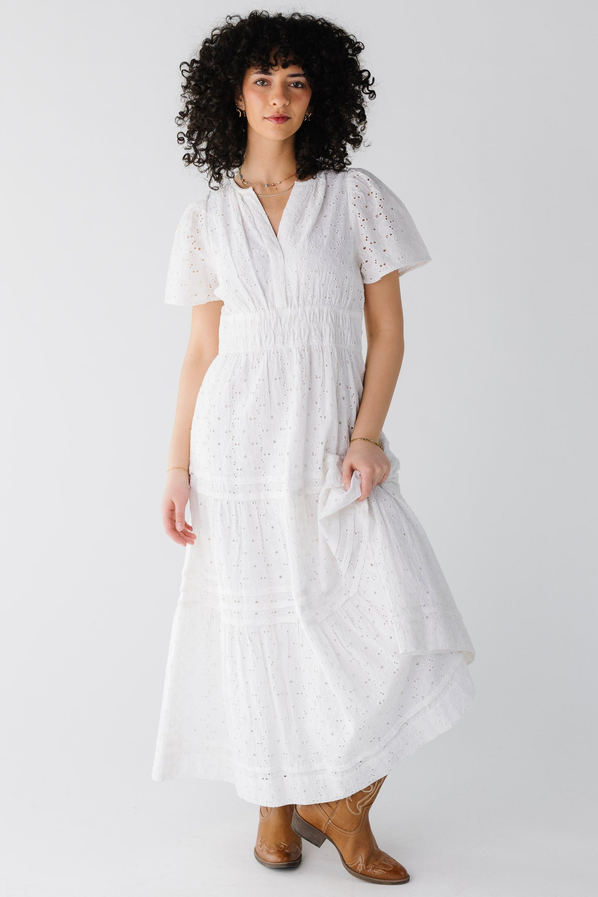 Modest white eyelet midi maxi with V-neckline and short sleeves