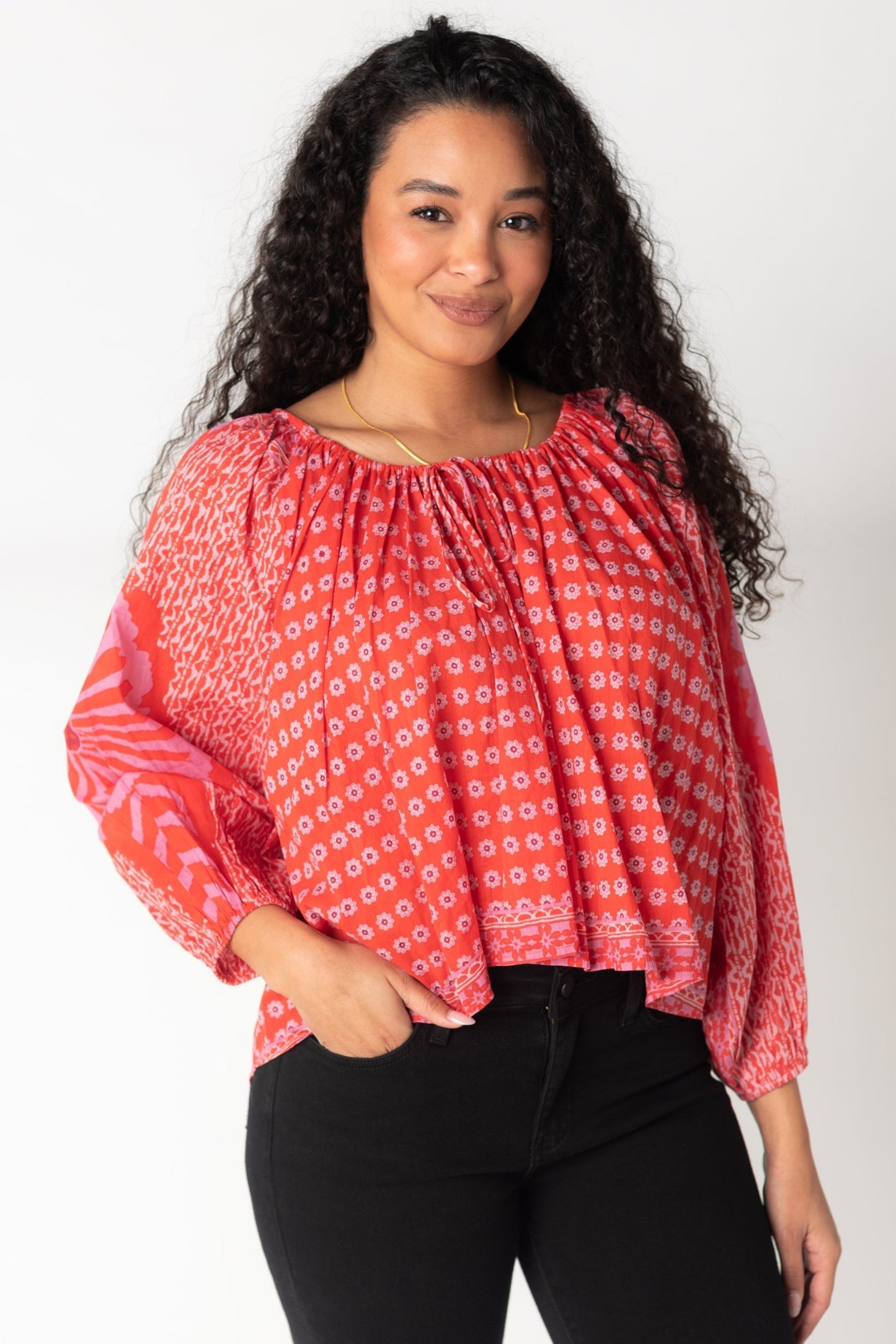 Red print flowy top with 3/4 length sleeves
