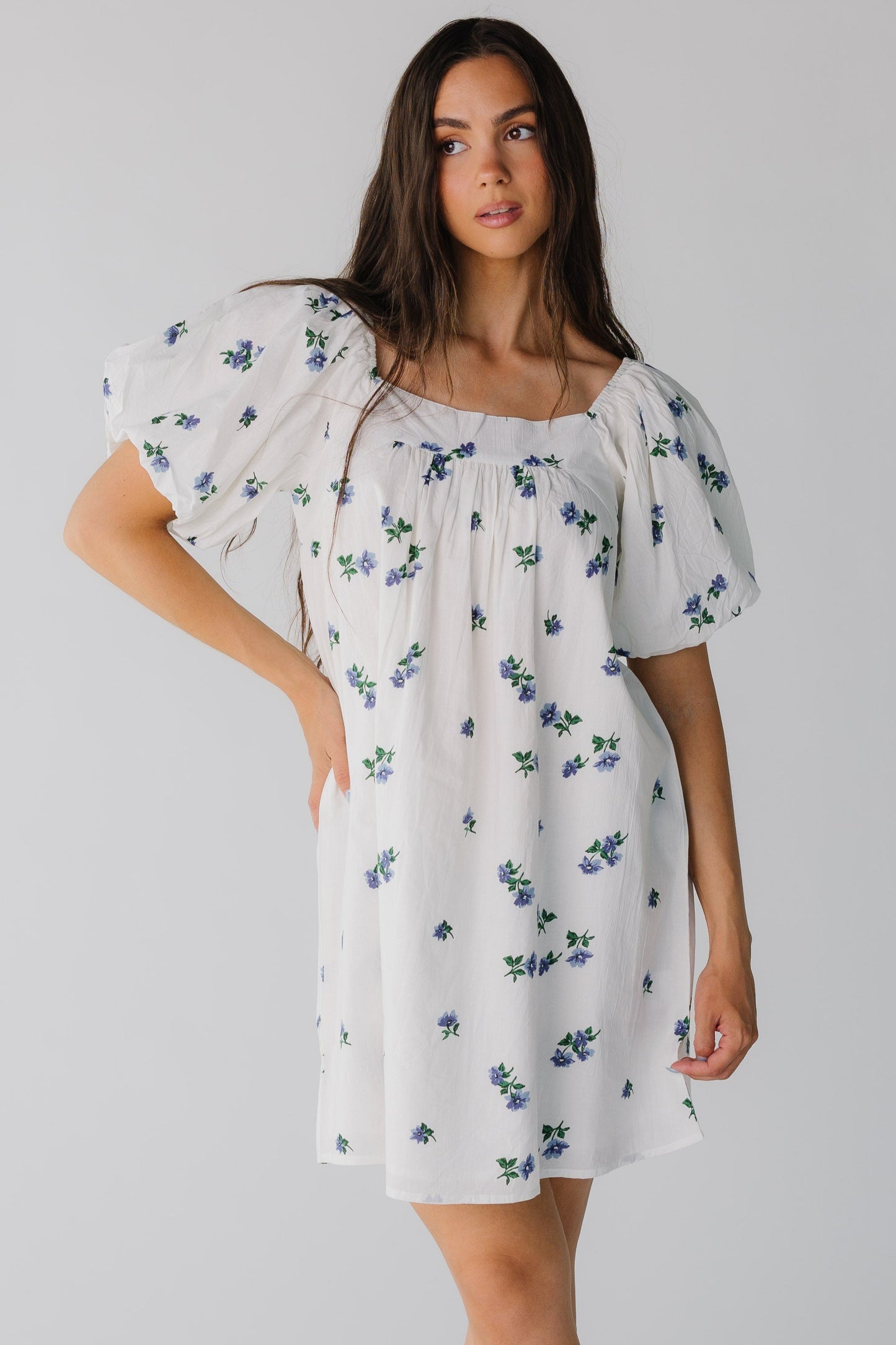 Citrus Sunday Knee Dress in white with blue floral print