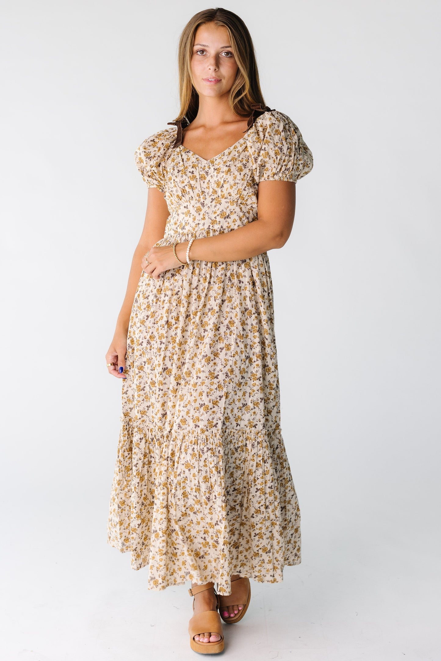 Citrus The Swiss Dobby Bow Dress for women and teens in gold and brown floral print