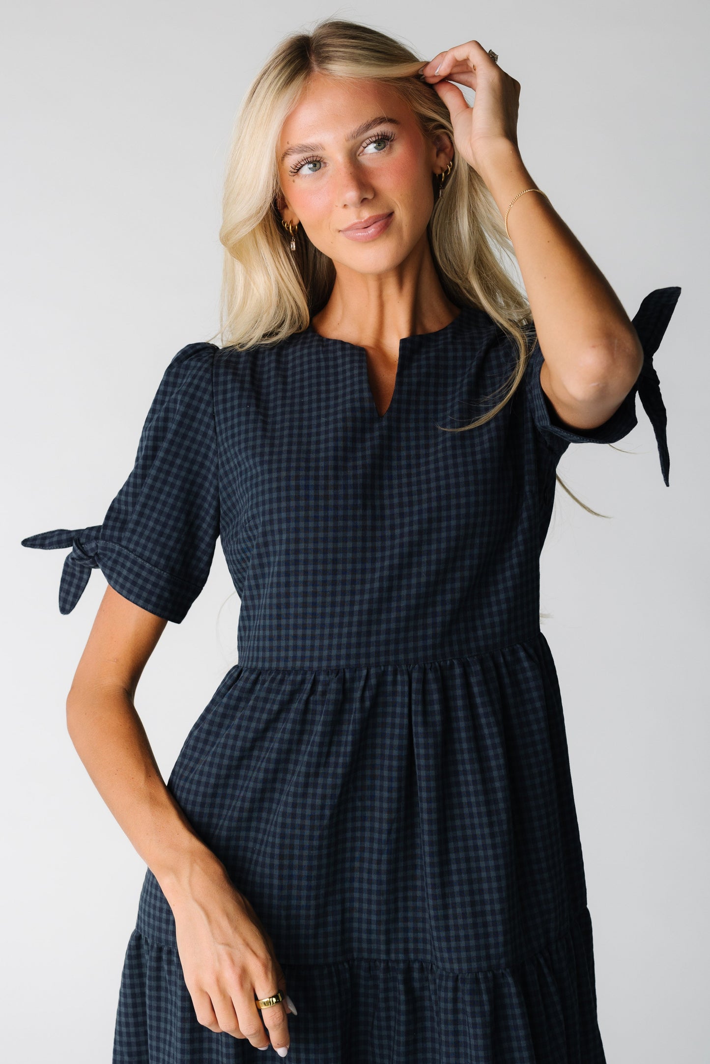Brass & Roe The Claire Tie Sleeve Gingham Dress for women and teens in dark navy