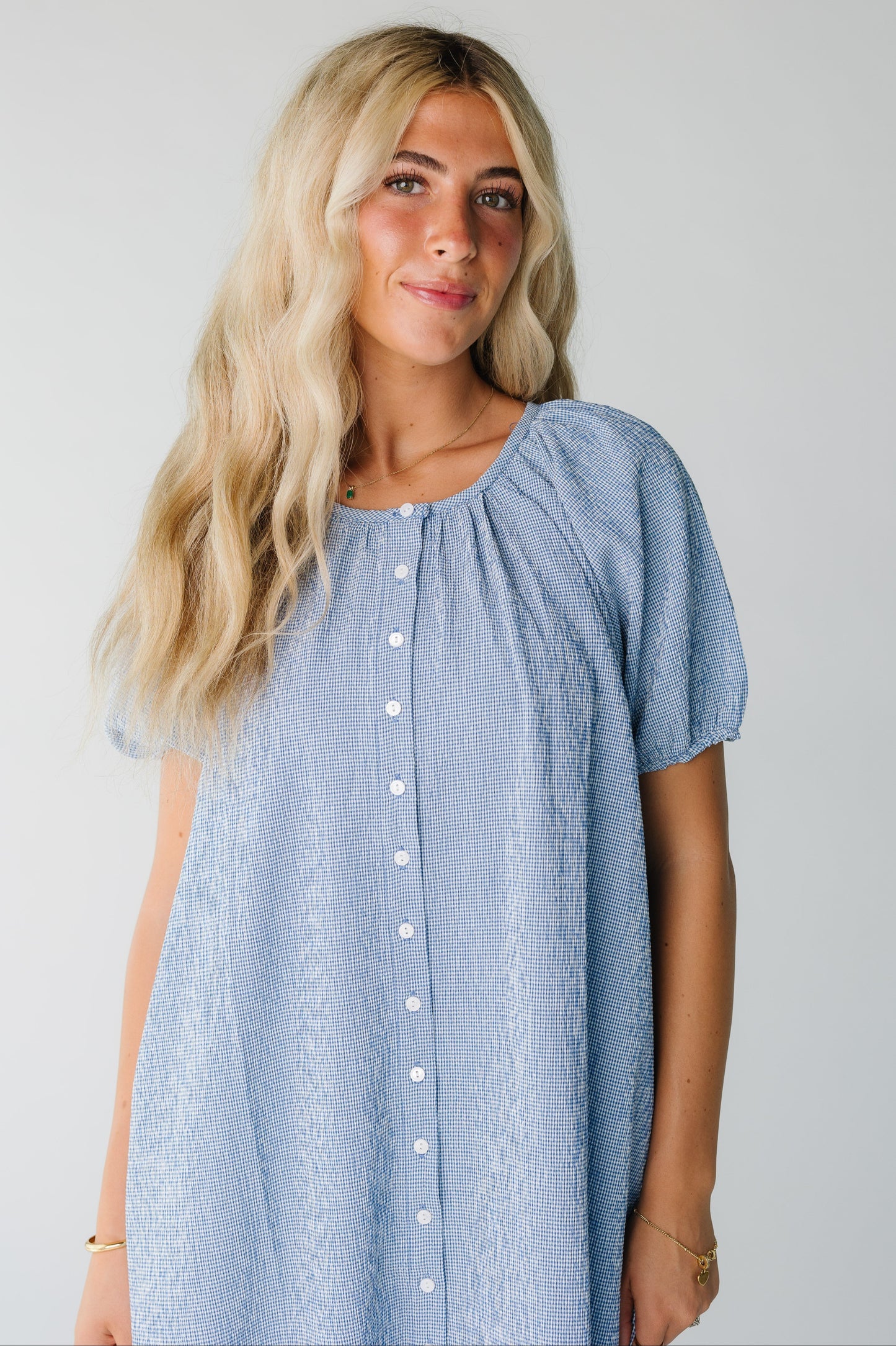 Brass & Roe Bree Midi Knee Dress WOMEN'S DRESS brass & roe Blue Check XS