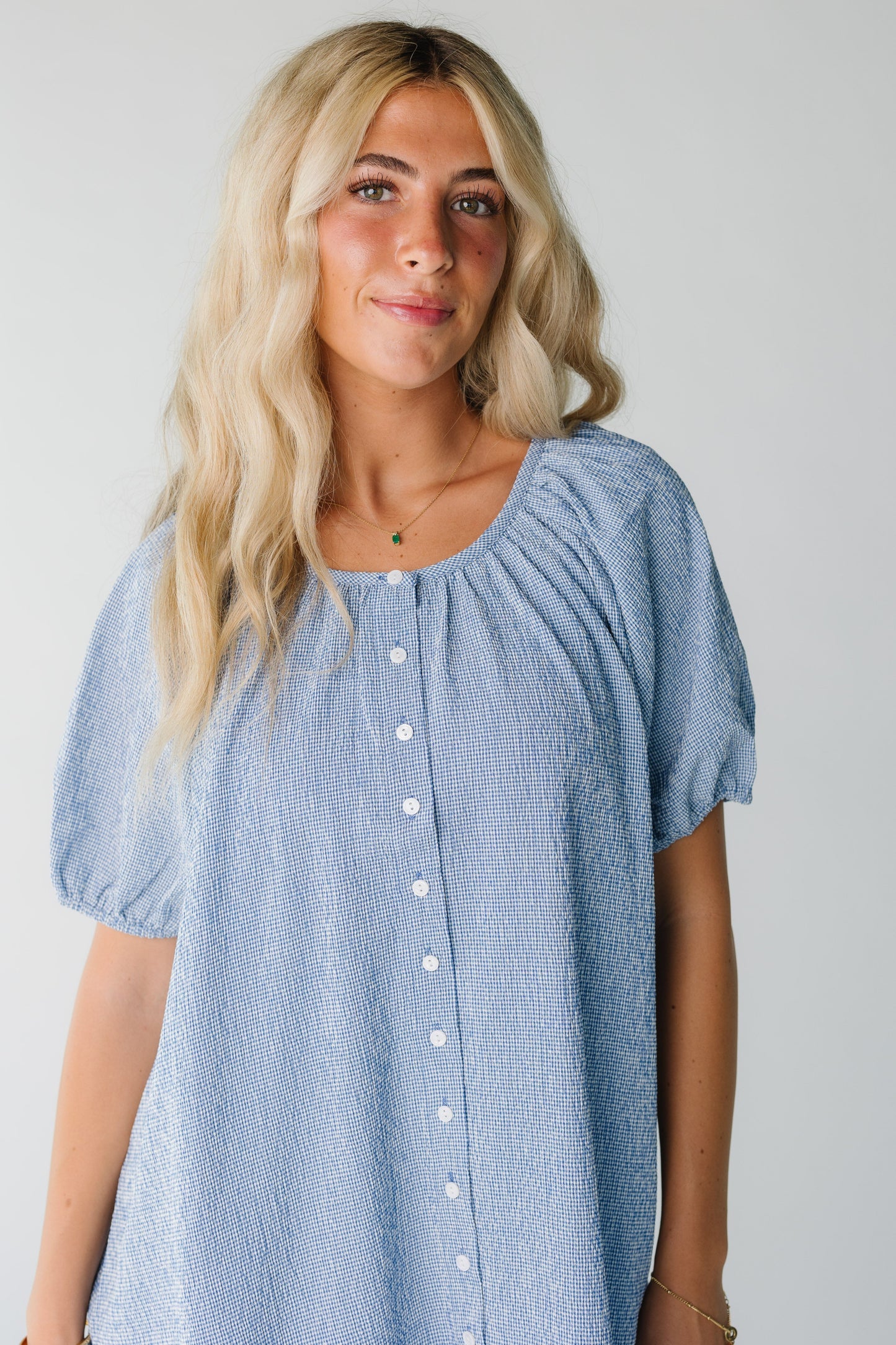 Close view of women's blue gingham button down dress with short sleeves