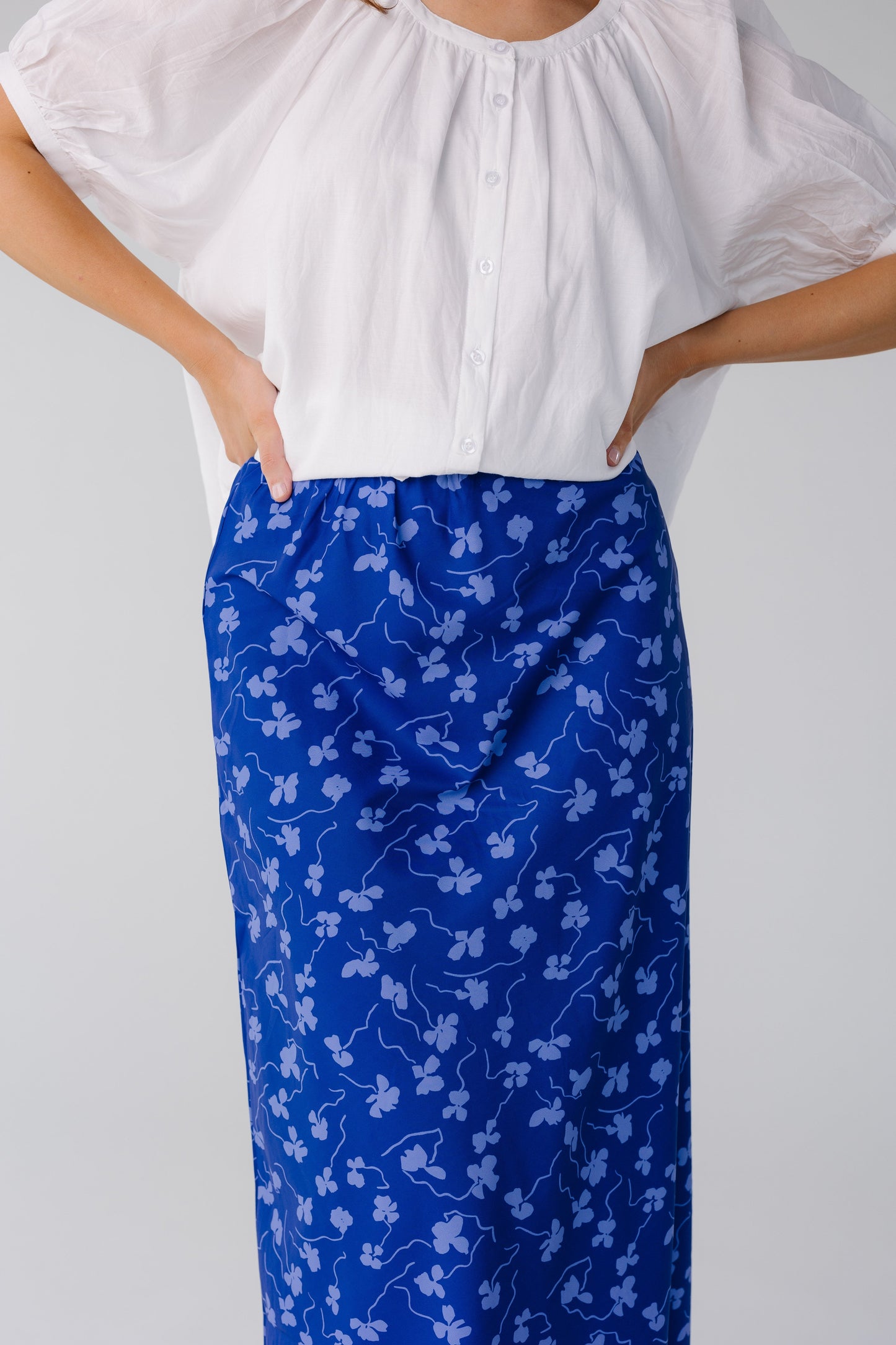 Close view of blue floral midi