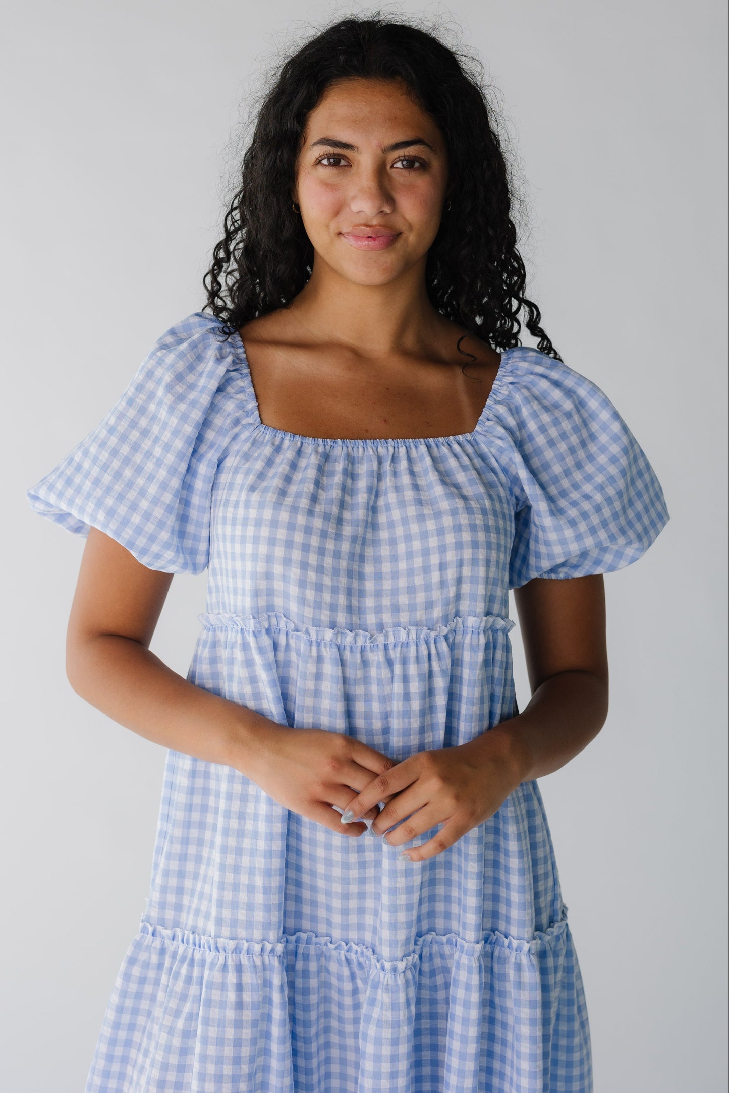 Brass & Roe Charity Tiered Midi Dress WOMEN'S DRESS brass & roe Lt Blue Gingham XS